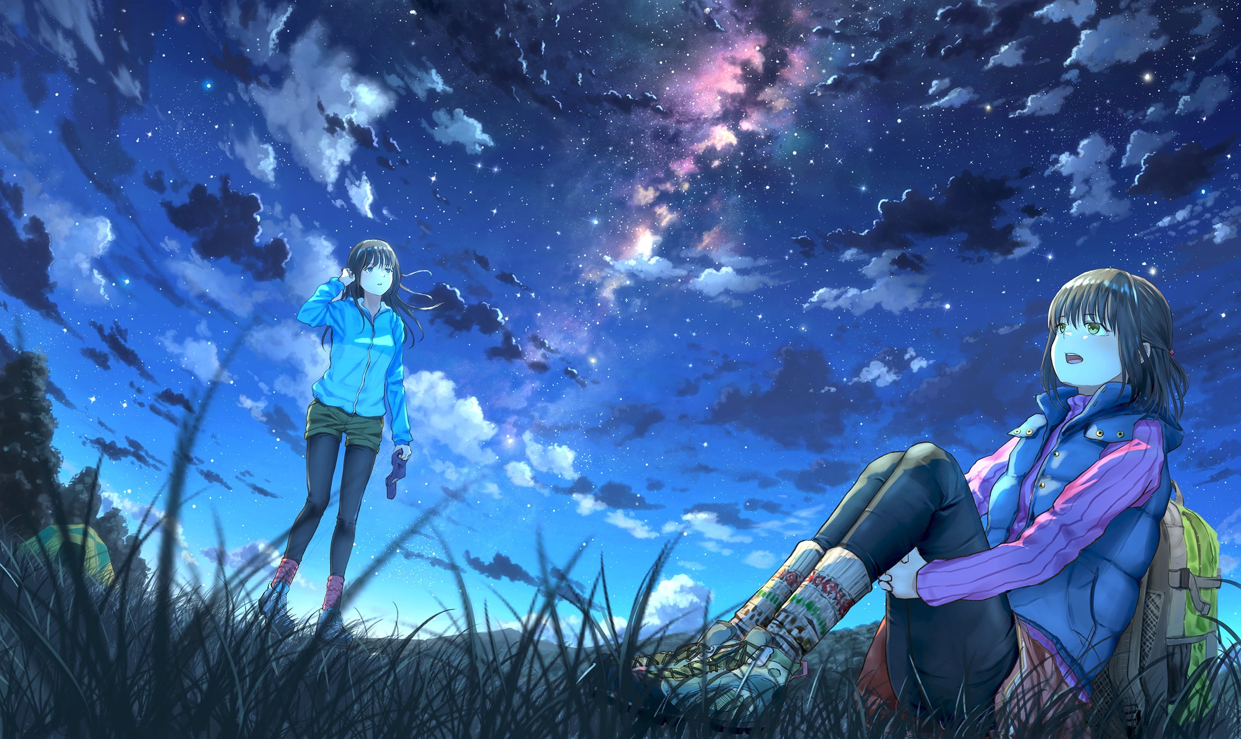 the sky, 1080P, night, art, k ryo, girls, HD Wallpaper