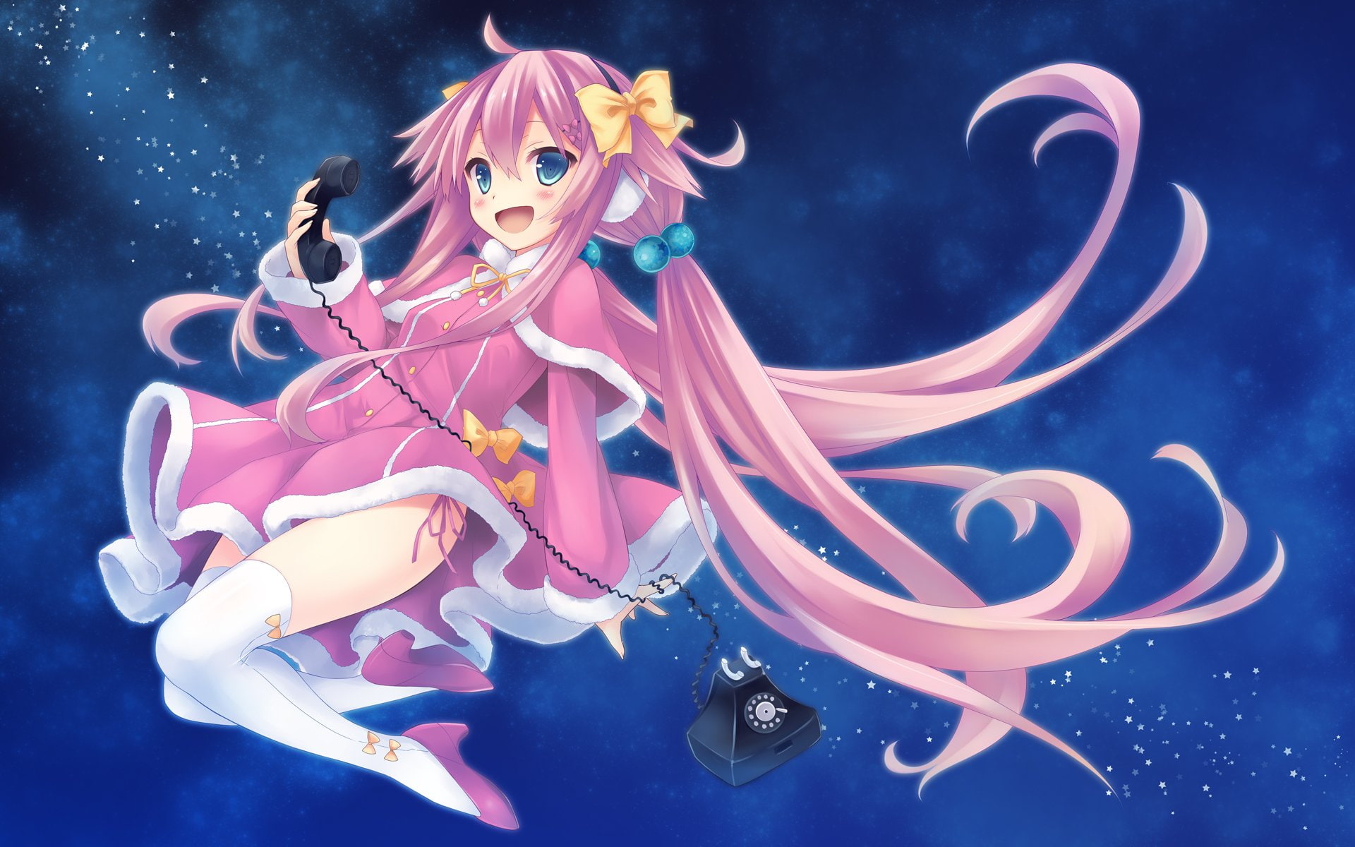 thighhighs, 1080P, original, pink, eyes, phone, hair, long, ryo, blue, HD Wallpaper