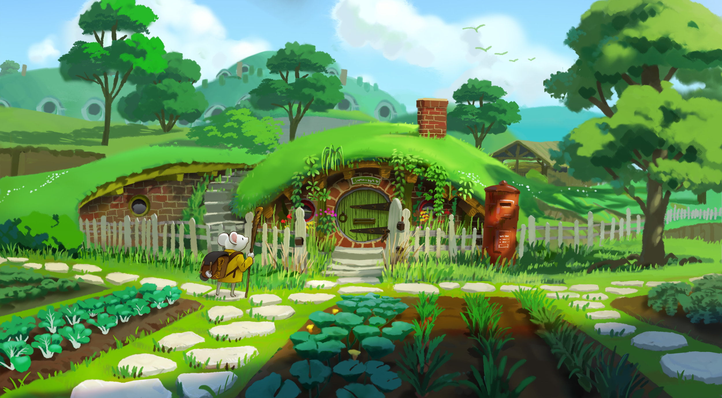 rodent, chimneys, plants, Ryo Yambe, 1080P, carrot, vegetables, clouds, trees, house, backpacks, stairs, mice, walkway, flowers, HD Wallpaper