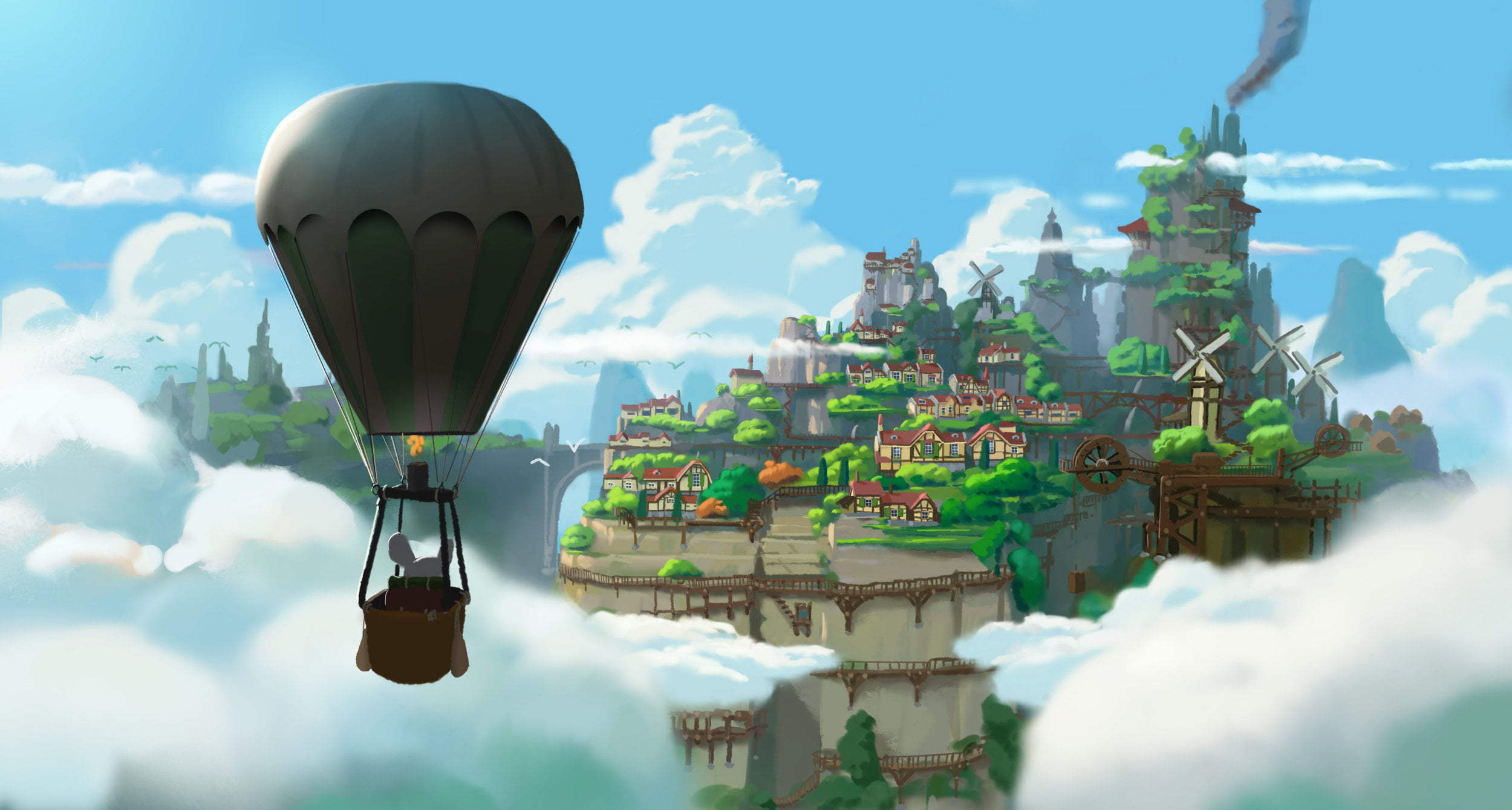 house, windmill, trees, rodent, Ryo Yambe, mice, hot air balloons, 1080P, clouds, chimneys, HD Wallpaper