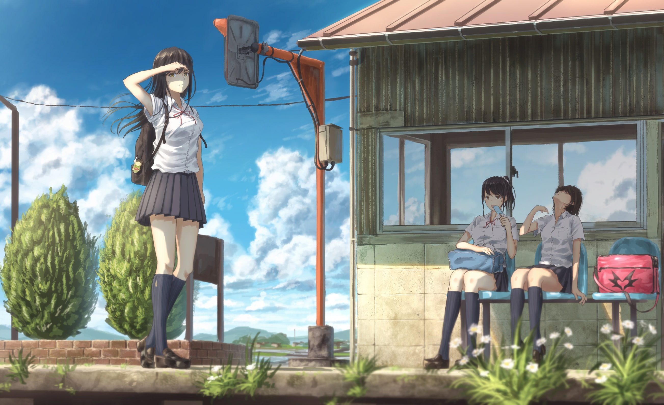yellow, kneehighs, 250570, original, black, long, konachan, hair, summer, flowers, seifuku, 2K, eyes, ryo, building, clouds, popsicle, com, sky, HD Wallpaper