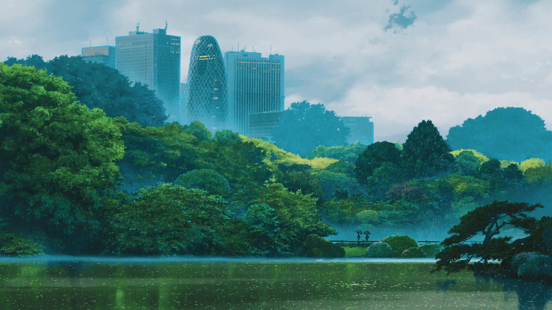 trees, cityscape, water, 1080P, artwork, The Garden of Words, HD Wallpaper