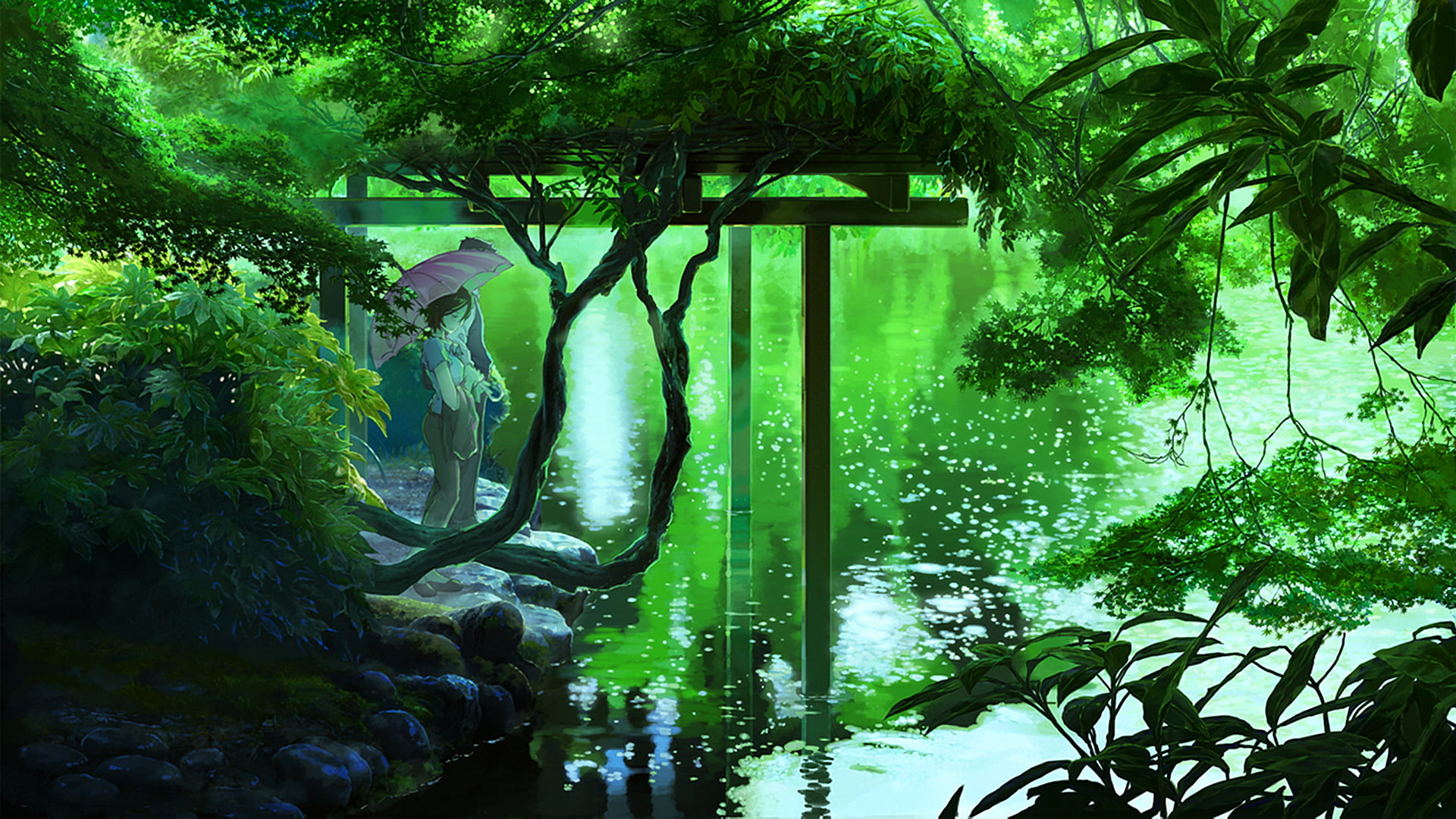 anime, nature, plants, lake, green, 1080P, The Garden of Words, forest, HD Wallpaper