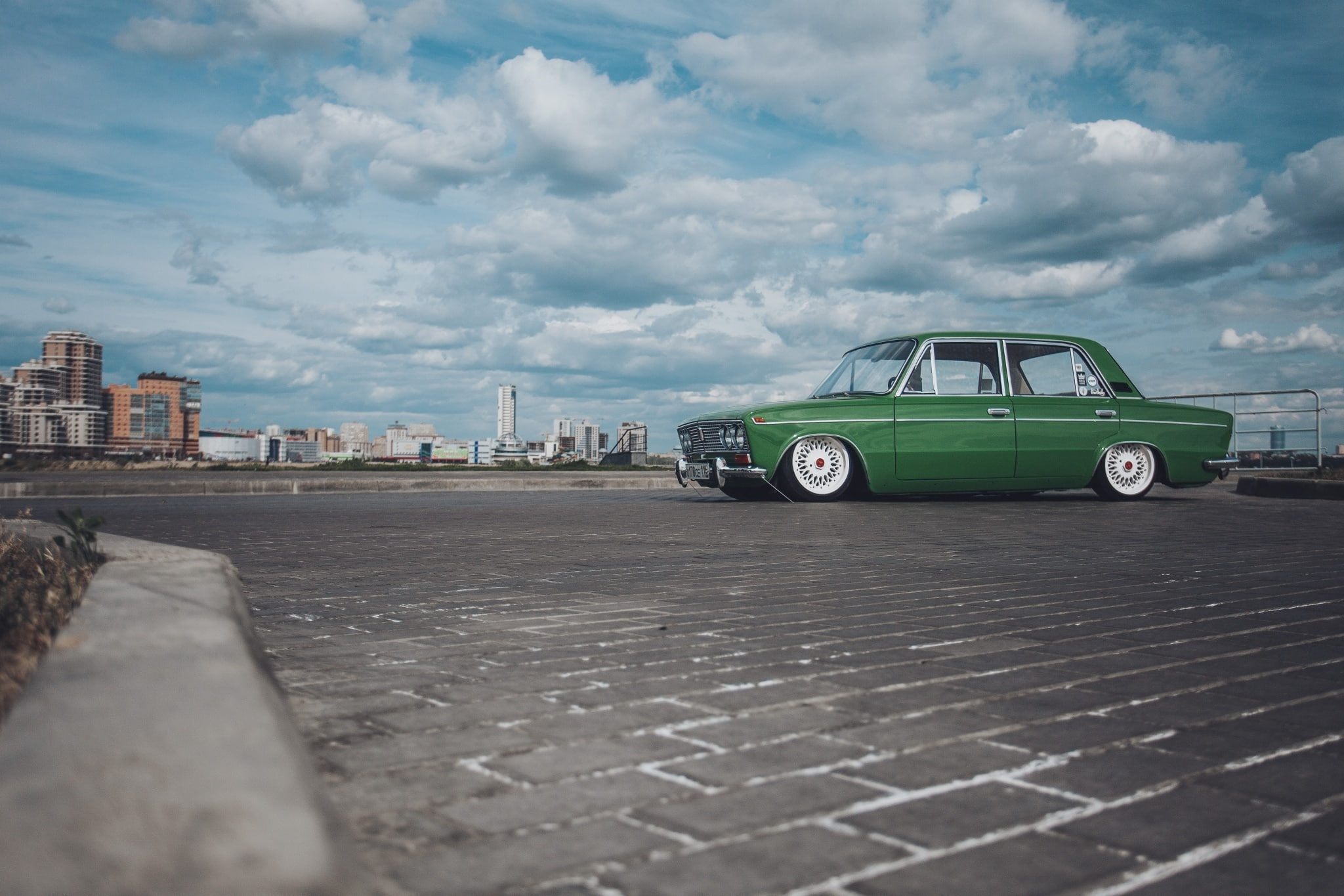 nature, Stance, building, green, day, sedan, Classic, transportation, built structure, cloud - sky, no people, motor vehicle, mode of transportation, outdoors, HD Wallpaper