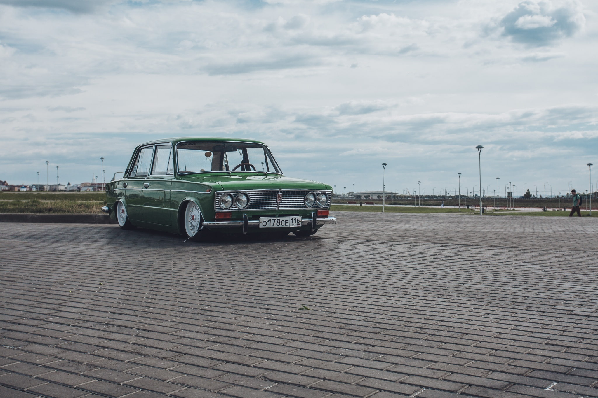 sedan, motor vehicle, architecture, city, 2103, mode of transportation, street, day, green, cloud - sky, built structure, no people, Lada, transportation, HD Wallpaper