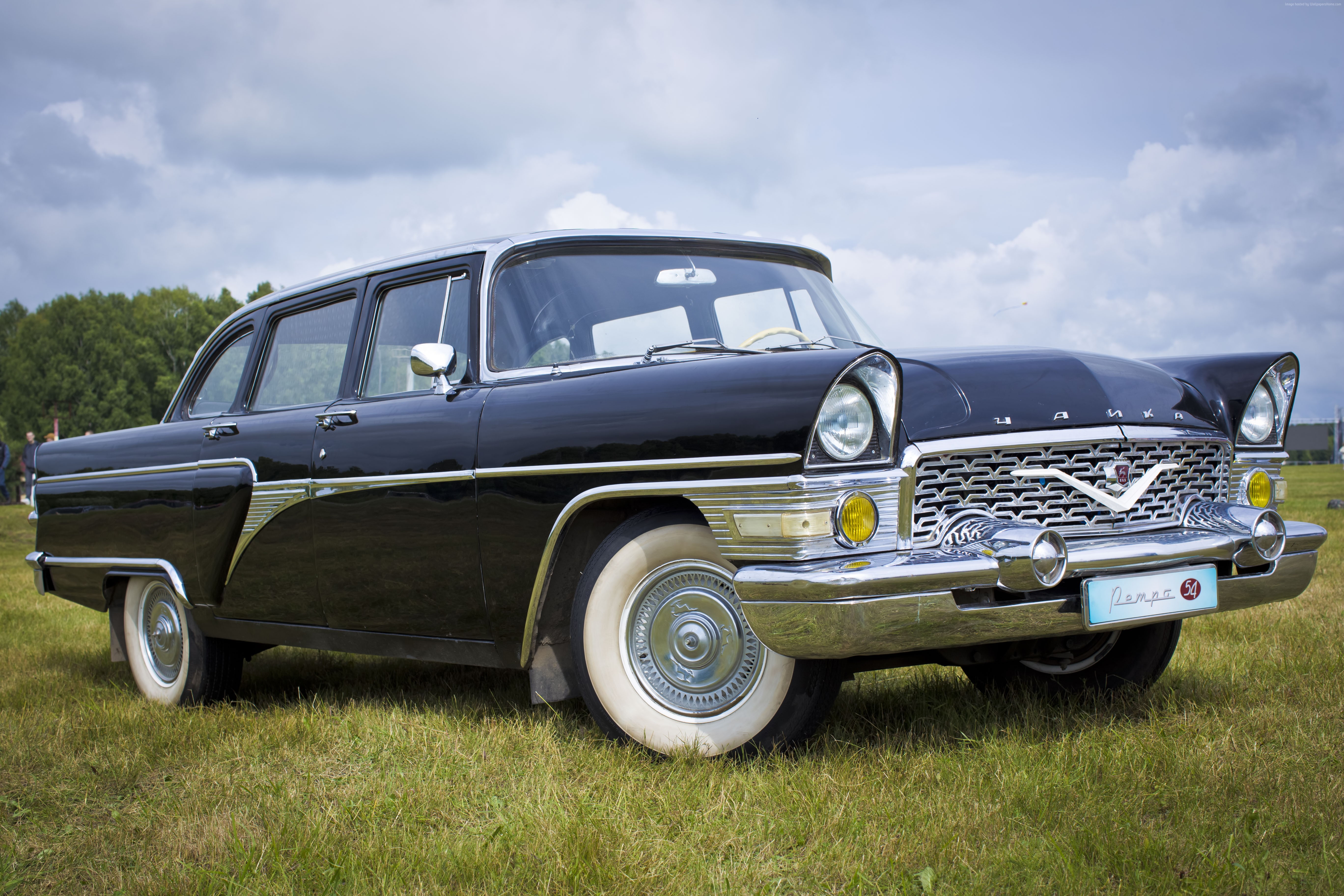 front, retro styled, land, buy, land vehicle, field, no people, mode of transportation, day, GAZ, stationary, review, cloud - sky, luxury cars, GAZ 13 Chaika, HD Wallpaper