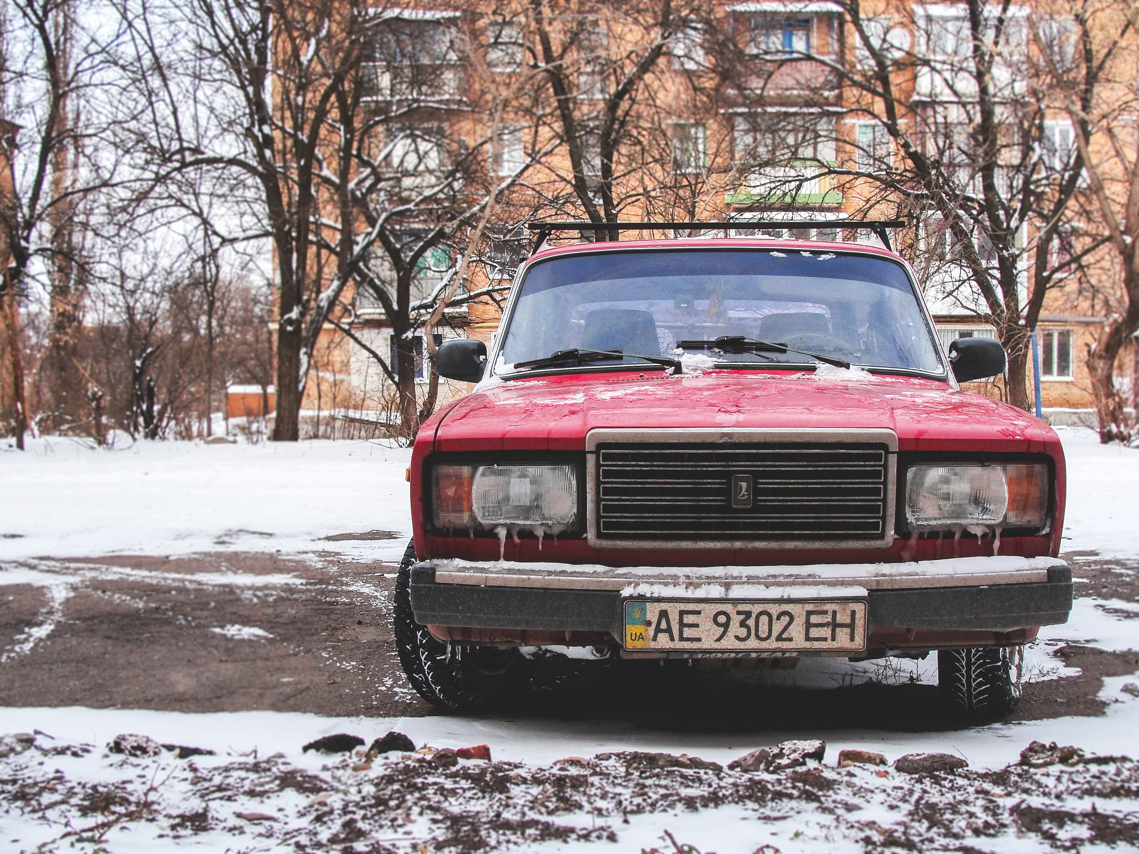 mode of transportation, branch, plant, 2K, motor vehicle, lada, day, retro, car, stationary, bare tree, old, red, land vehicle, snow, cold temperature, HD Wallpaper