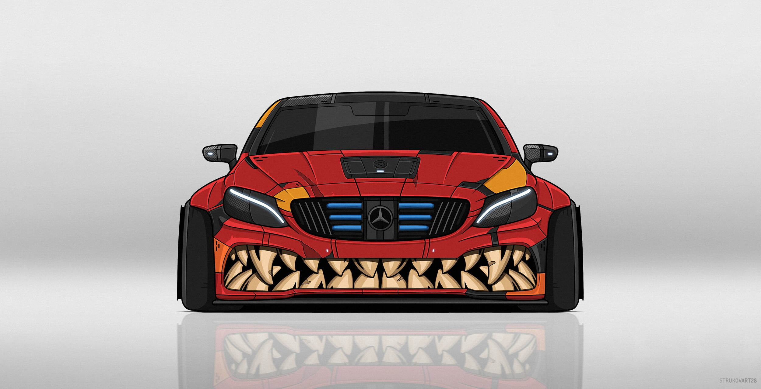 Dmitry Strukov, vehicle, 1080P, artwork, red cars, Mercedes-Benz, HD Wallpaper