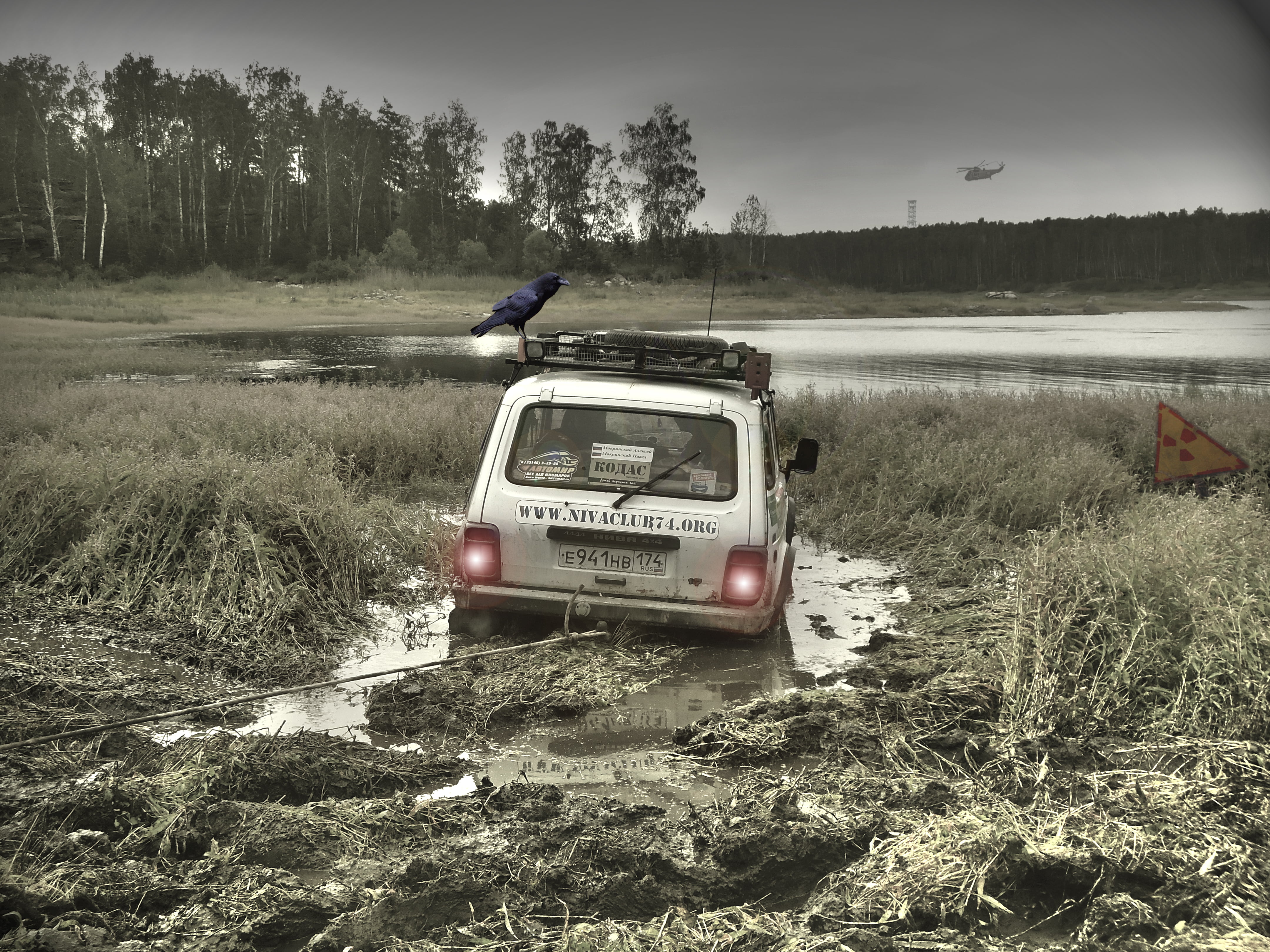 extreme Terrain, damaged, road, dirty, plant, dirt, Raven, helicopter, growth, water, forest, mode of Transport, tree, landscape, people, mode of transportation, HD Wallpaper