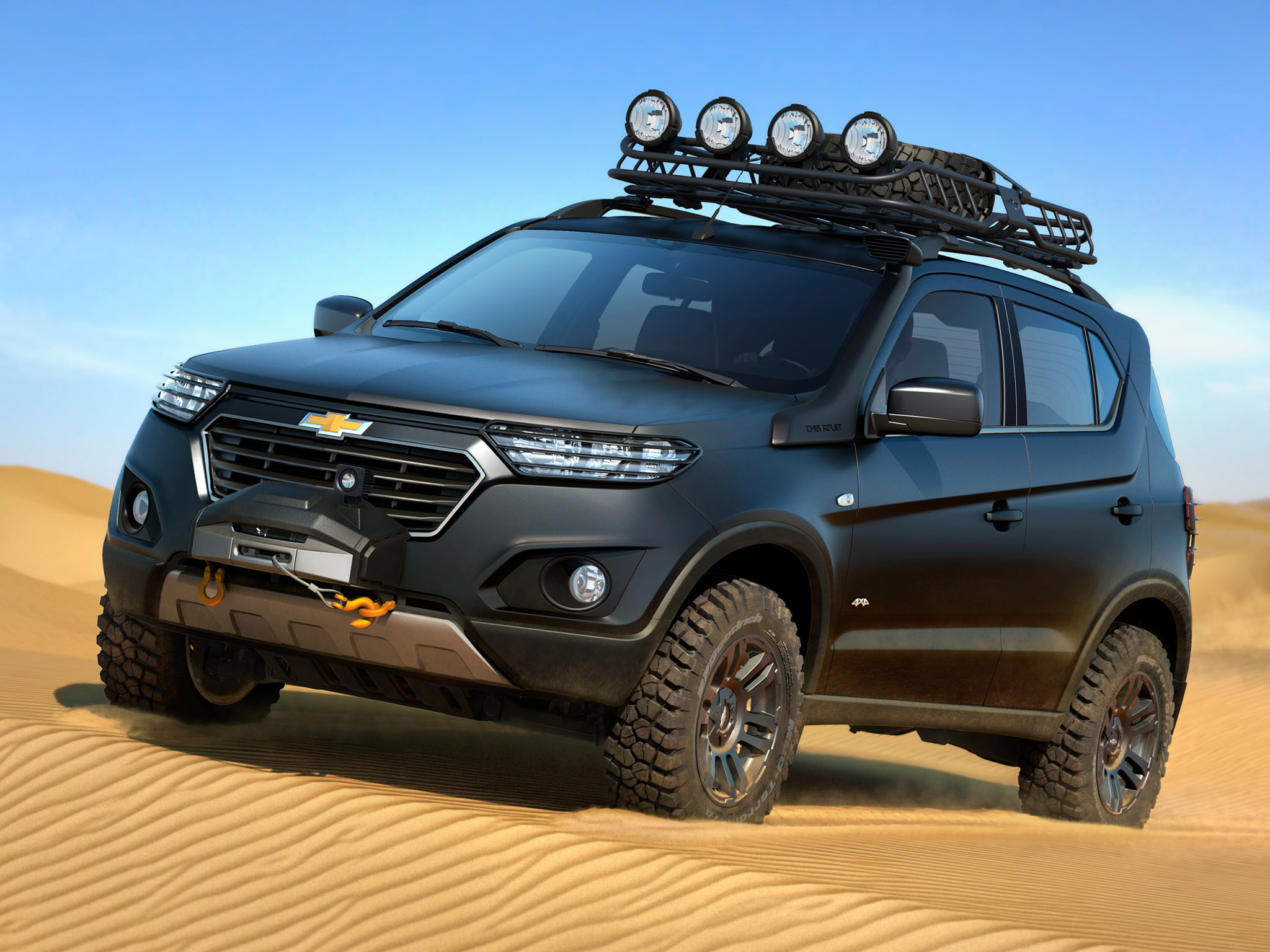 sky, 4x4, land vehicle, Chevrolet, front view, sports utility vehicle, road, mode of transportation, blue, suv, transportation, car, sand, day, sunlight, HD Wallpaper