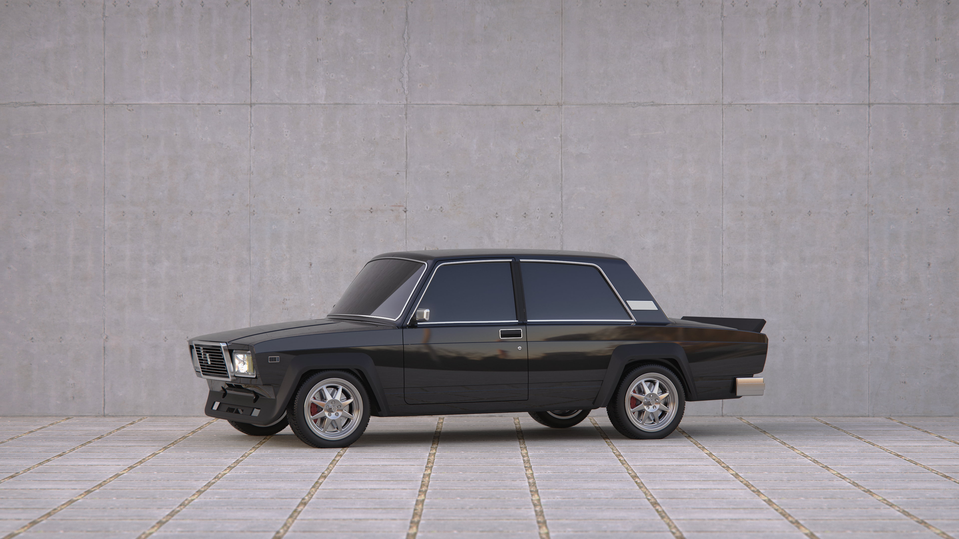 rendering, Soviet Union, CGI, render, digital art, LADA, 4K, lada 2107, concrete, black, HD Wallpaper