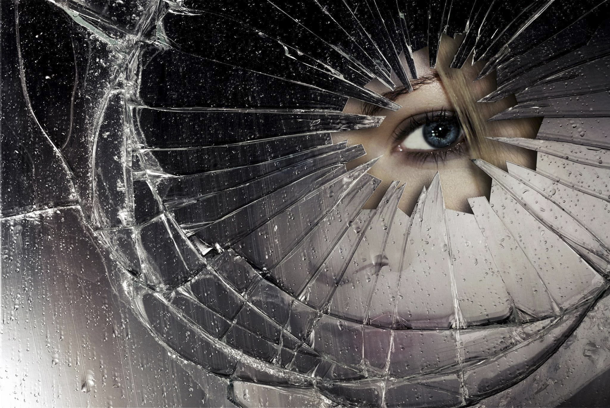 eyes, broken, cracked, drops, sharp edges, woman, mirror, glass, 1080P, HD Wallpaper