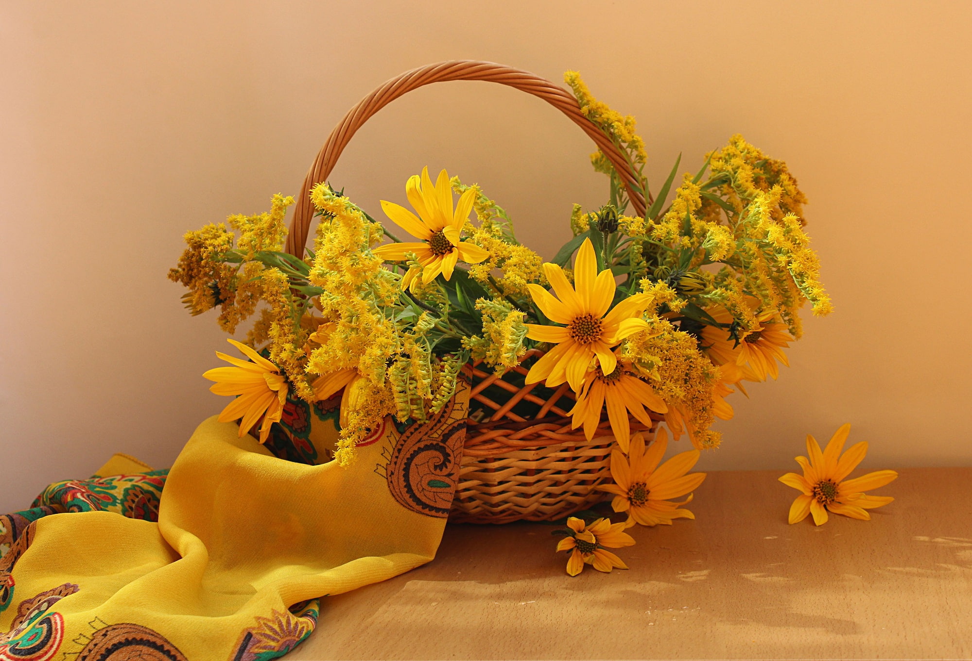 flowers, still life, basket, 1080P, autumn, goldenrod, HD Wallpaper