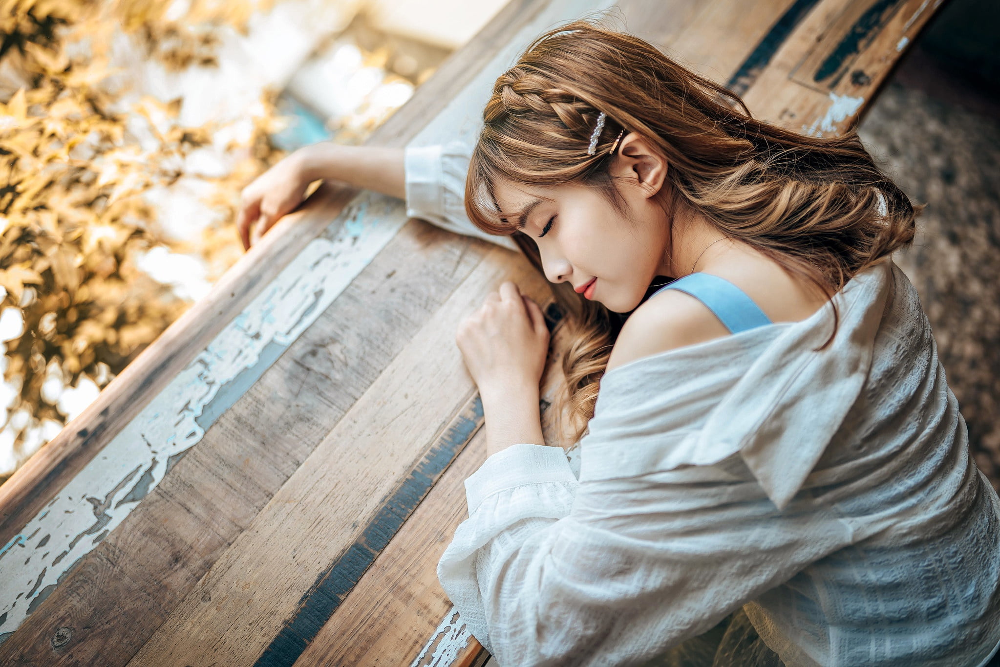 sitting, Asian, hairstyle, 1080P, portrait, makeup, pose, model, brown hair, window, shirt, he closed his eyes, lay down, HD Wallpaper