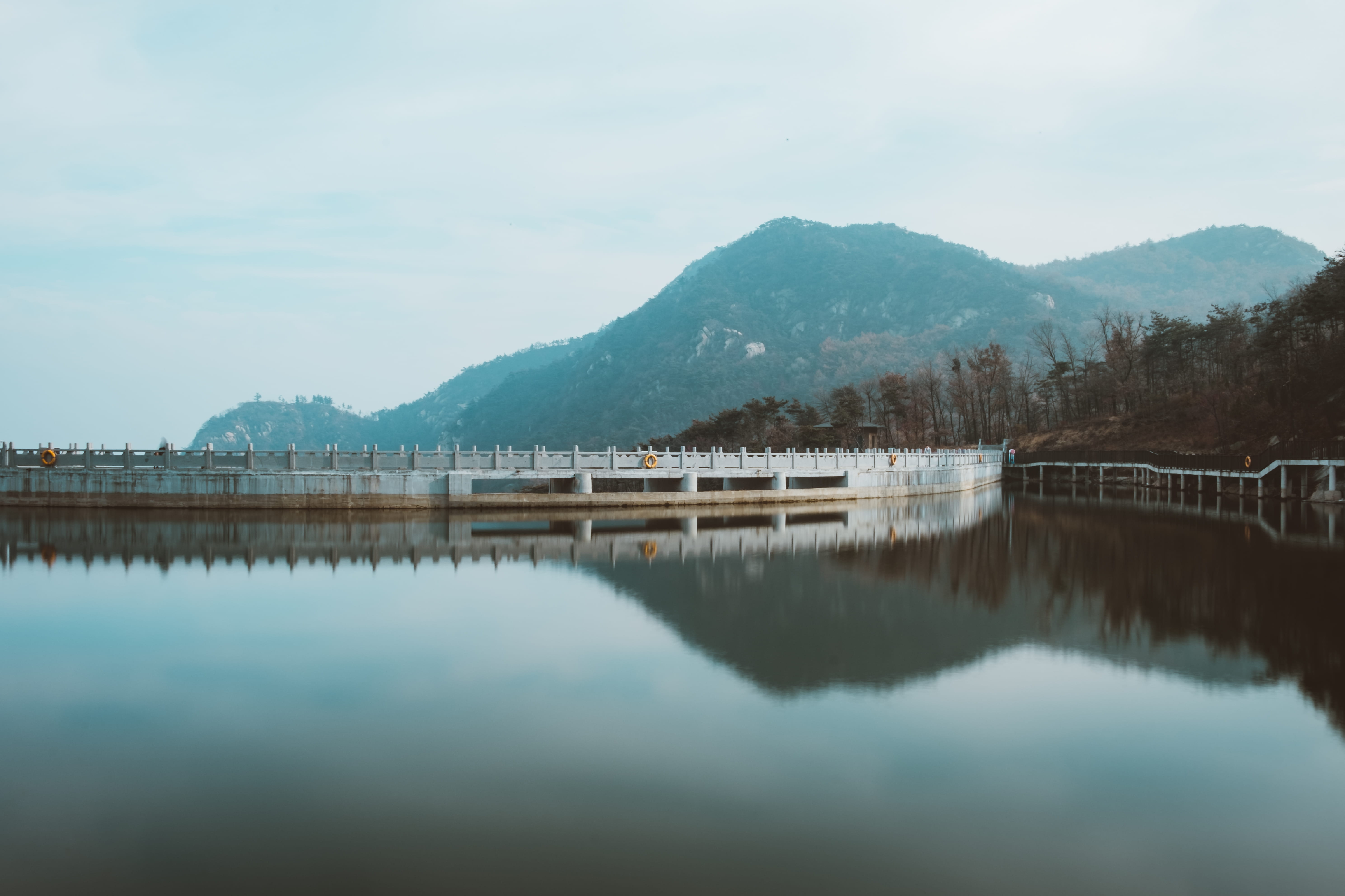 blue, river, mengyin, waterfront, mountain, reservoir, 5K, tranquility, idyllic, cloud - sky, mountain range, bridge, china, clear, tranquil scene, tree, HD Wallpaper