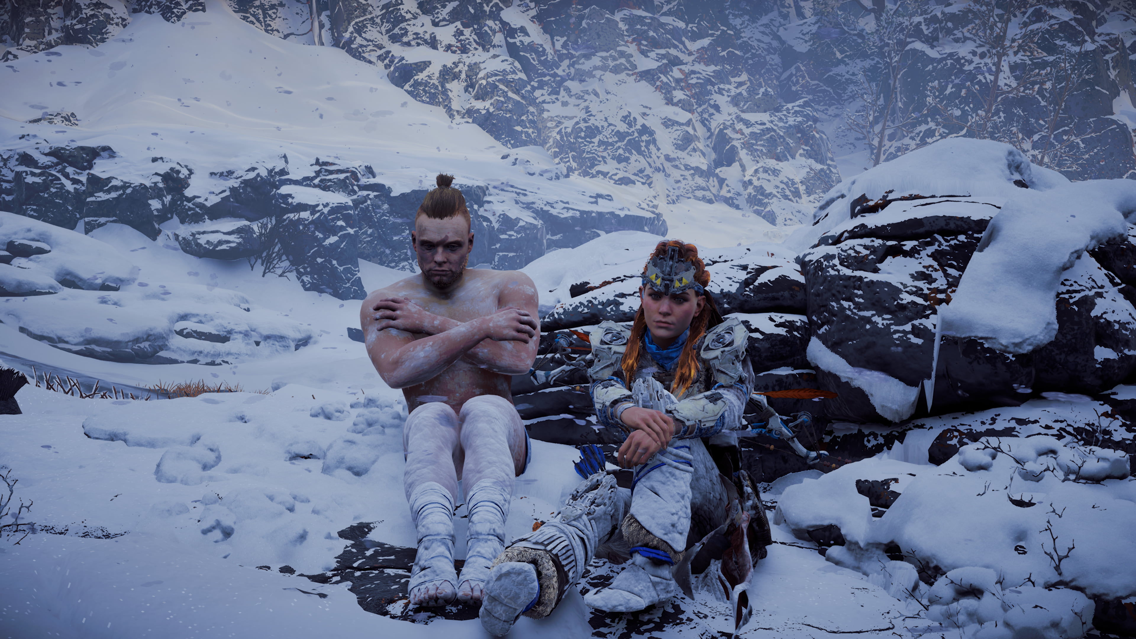 Horizon: Zero Dawn, horizon zero dawn, cold, Aloy (Horizon: Zero Dawn), snow, couple, Horizon: Zero Dawn Frozen Wilds, snow covered, 4K, HD Wallpaper