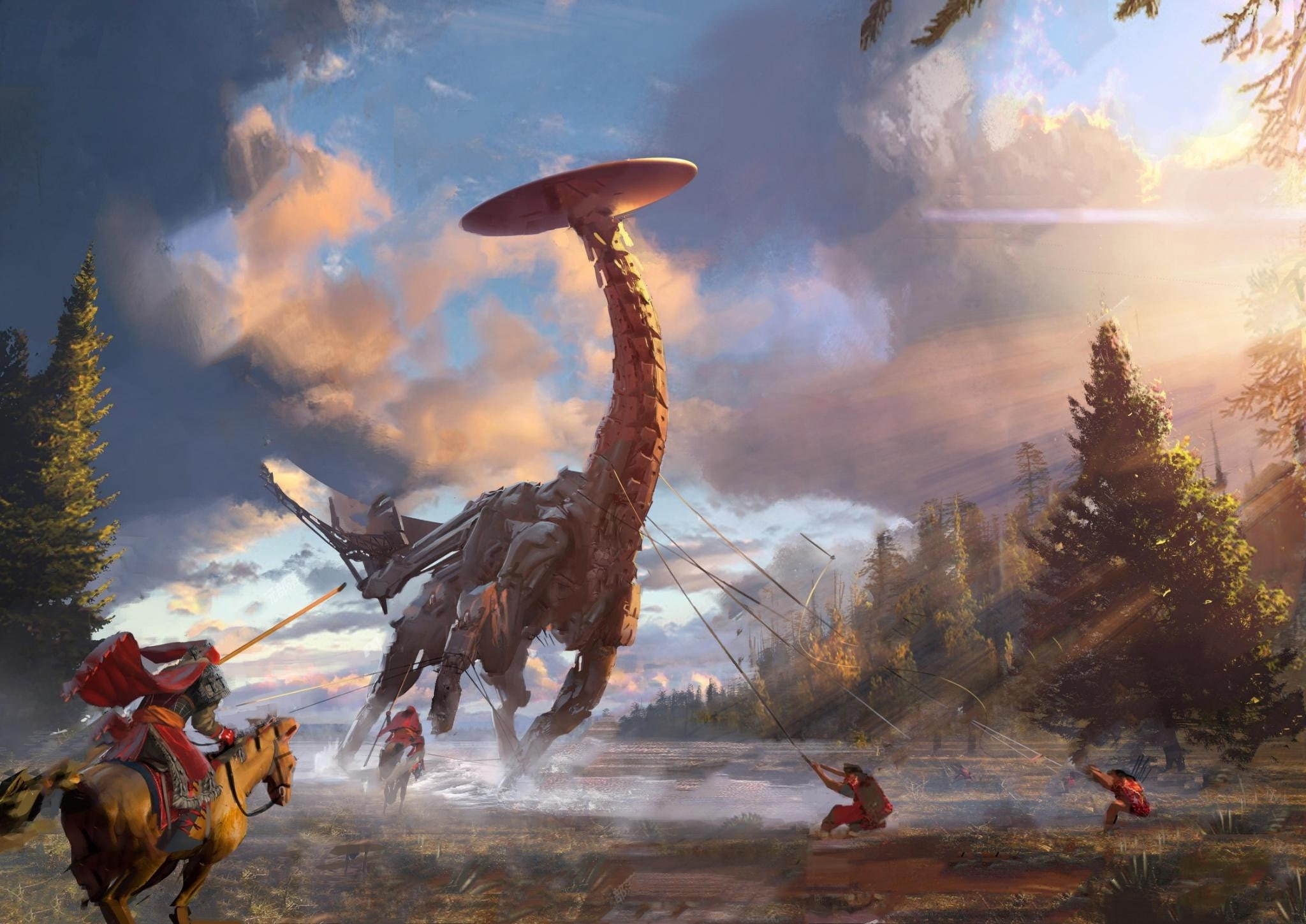 pets, vertebrate, horizon: zero dawn, domestic animals, aggression, nature, machine, artwork, domestic, people, group of animals, mammal, sunlight, sky, HD Wallpaper