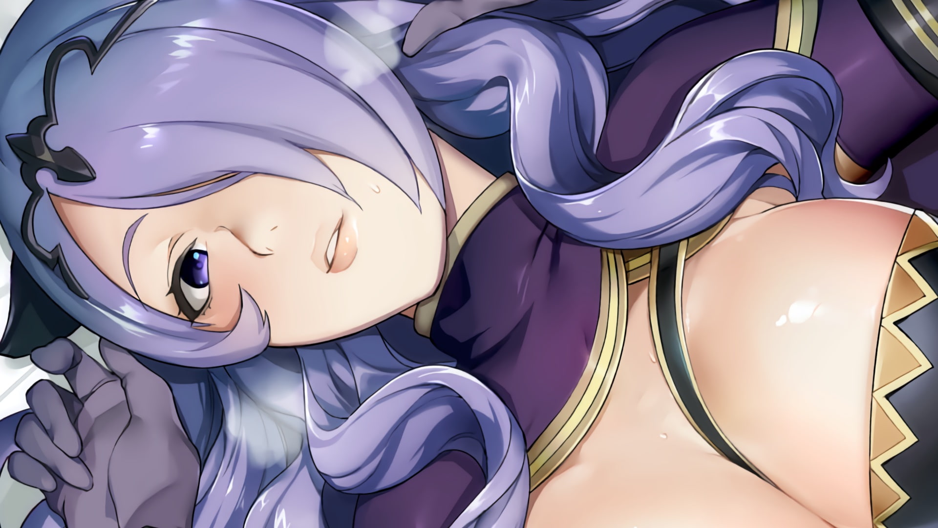 breasts, (fire, fire, micro, chiyoda, konachan, cropped, eyes, long, emblem), emblem, waifu2x, camilla, headdress, close, cleavage, hair, 1080P, com, purple, HD Wallpaper