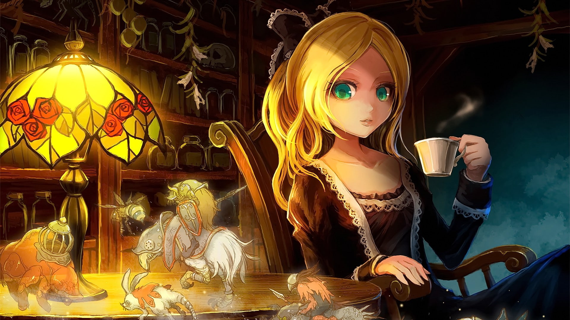 hair band, long hair, aqua eyes, anime girls, 1080P, sitting, looking away, green eyes, original characters, anime, blonde, HD Wallpaper