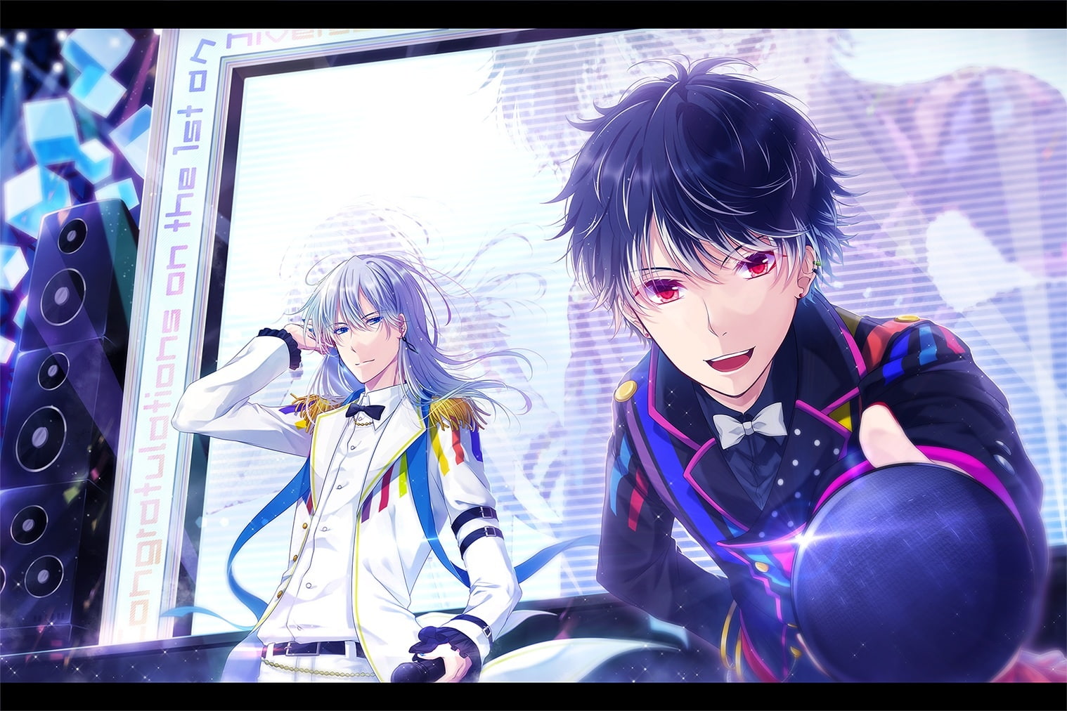 tagme, eyes, com, red, male, all, gray, konachan, bow, 720P, microphone, short, mokoppe, (character), black, hair, aqua, 243118, idolish7, HD Wallpaper