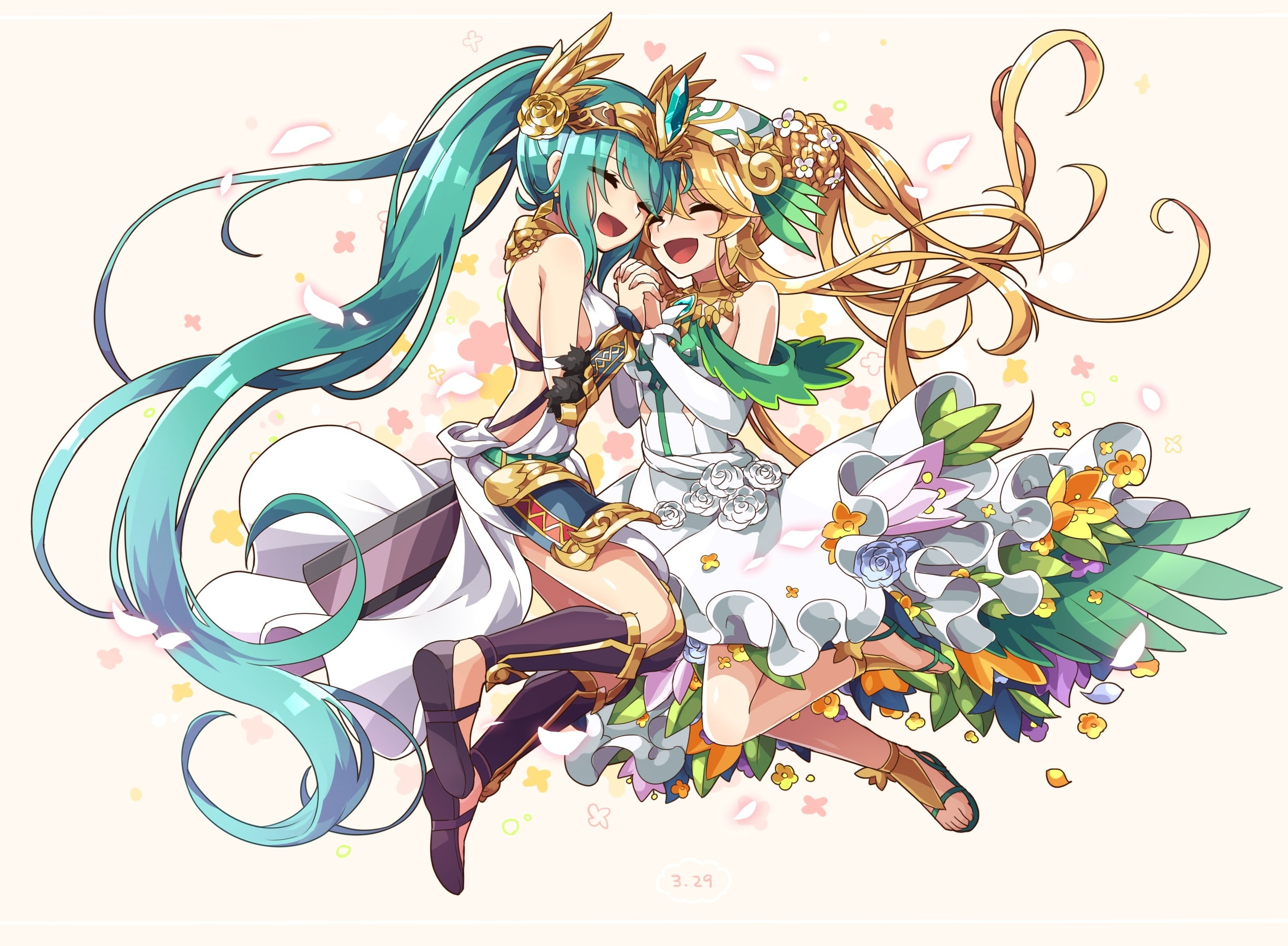(character), tagme, (pandd), konachan, headdress, artemis, puzzle, long, kneehighs, blonde, 243458, com, dress, (artist), ponytail, dragons, eyes, 2girls, HD Wallpaper