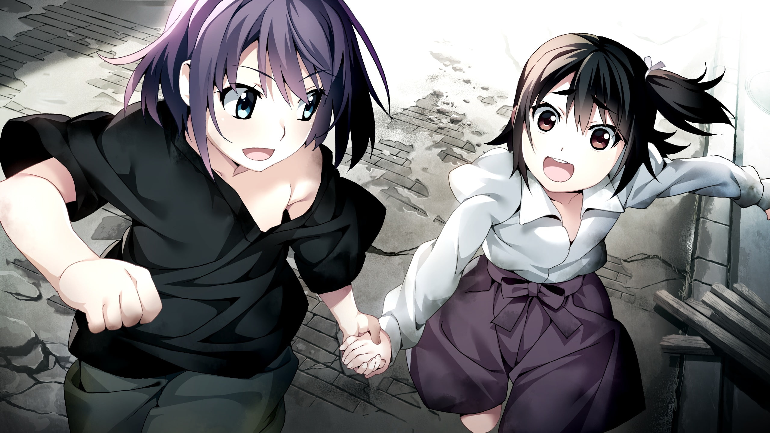 260327, tagme, (character), 2girls, game, akio, konachan, purple, short, eyes, reina, com, hair, front, black, aqua, shorts, fukami, ponytail, 2K, wing, HD Wallpaper