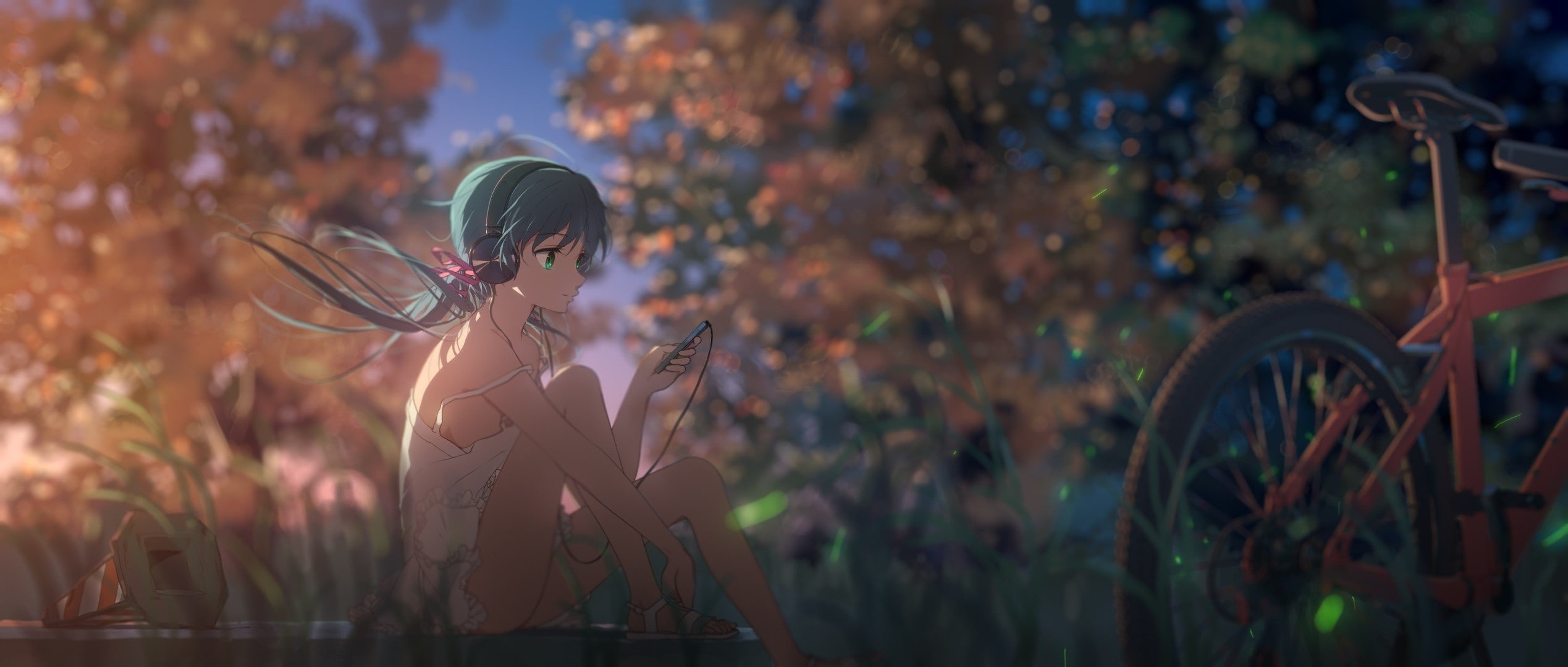 1080P, Aqua Hair, Anime Girls, twintails, Original Characters, headphones, Bicycle, HD Wallpaper