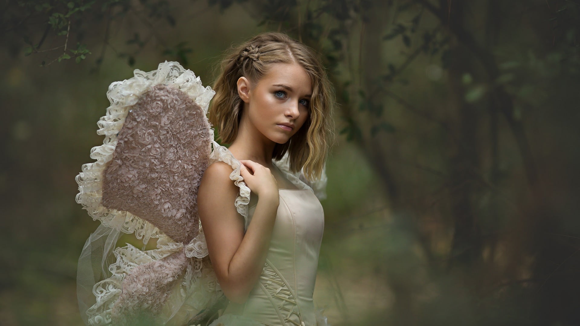 blonde, contemplation, adult, s, glamour, innocence, romance, focus, people, childhood, beautiful woman, young Adult, pink, wings, leaves, holding, woman, HD Wallpaper