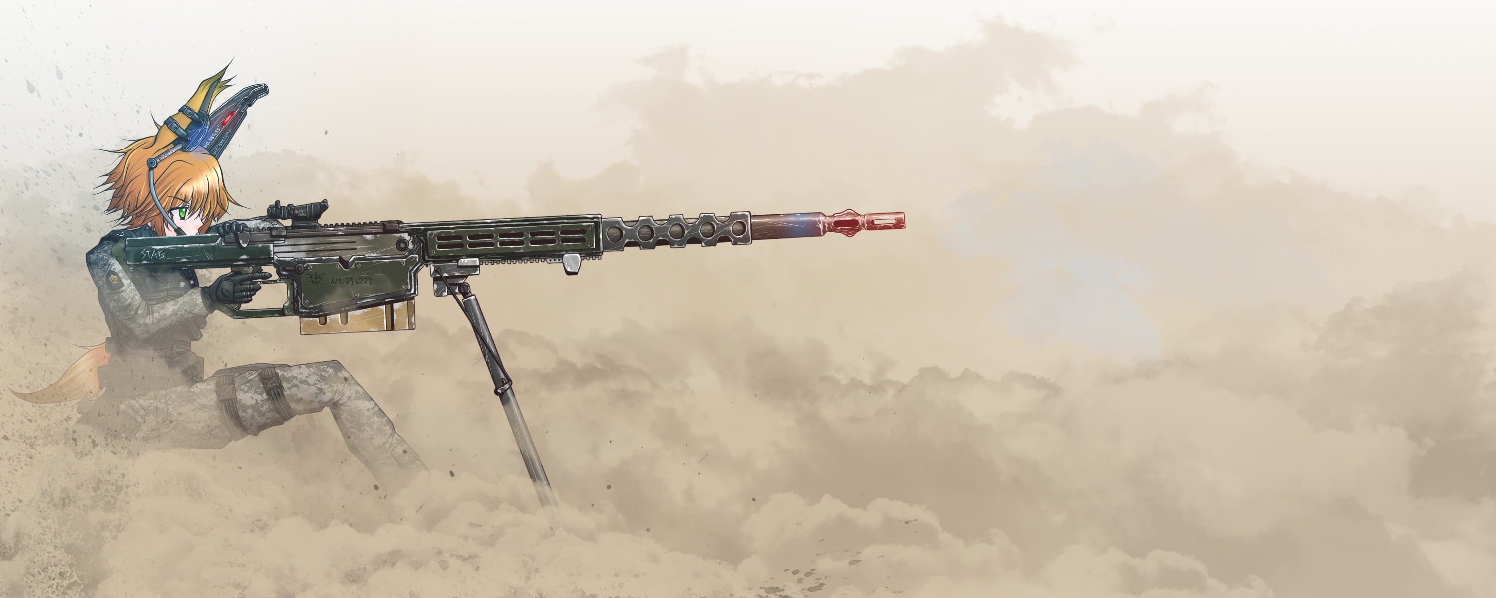 green, nekomimi, 2K, girls, weapons, cats, orange, animals, art, anime, hd, hair, Guns, eyes, HD Wallpaper