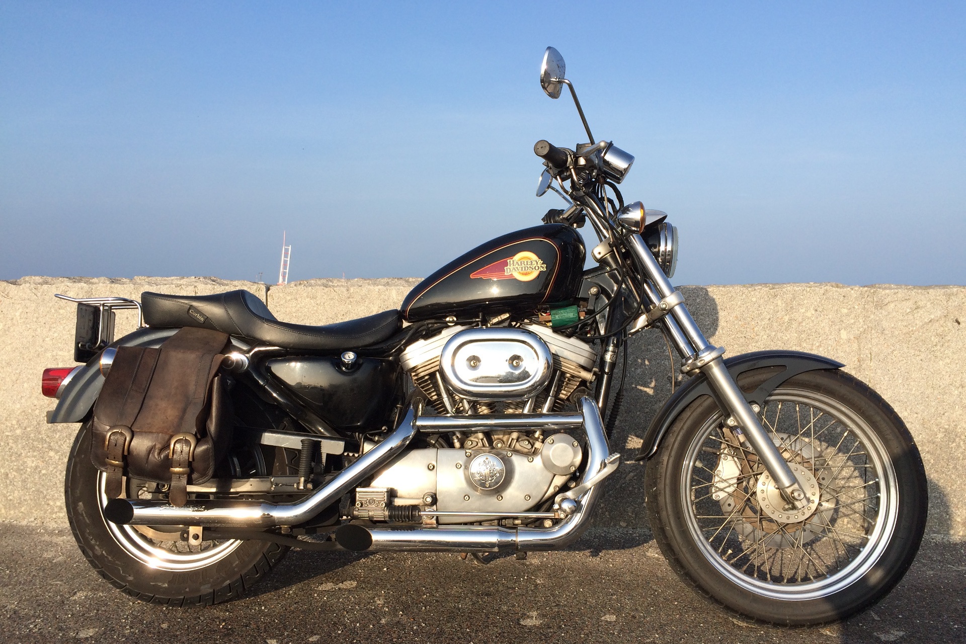 road trip, motorcycle, harley, 1080P, stationary, mode of transportation, sports helmet, travel, day, sport, transportation, sportster, blue, wheel, harley-davidson, HD Wallpaper