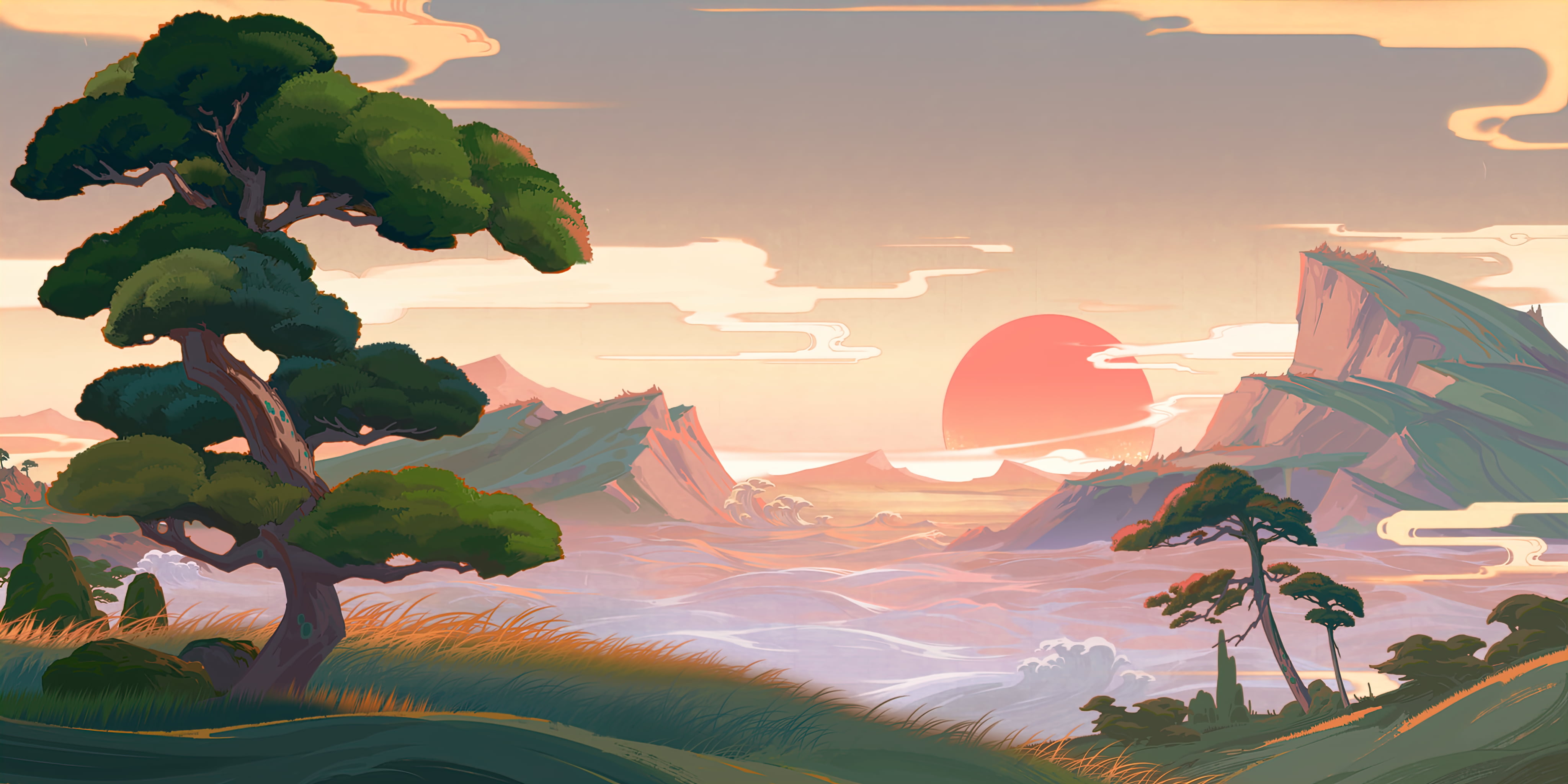 4K, video games, clouds, video game art, landscape, trees, Inazuma, hills, Genshin Impact, sunset, mountains, HD Wallpaper