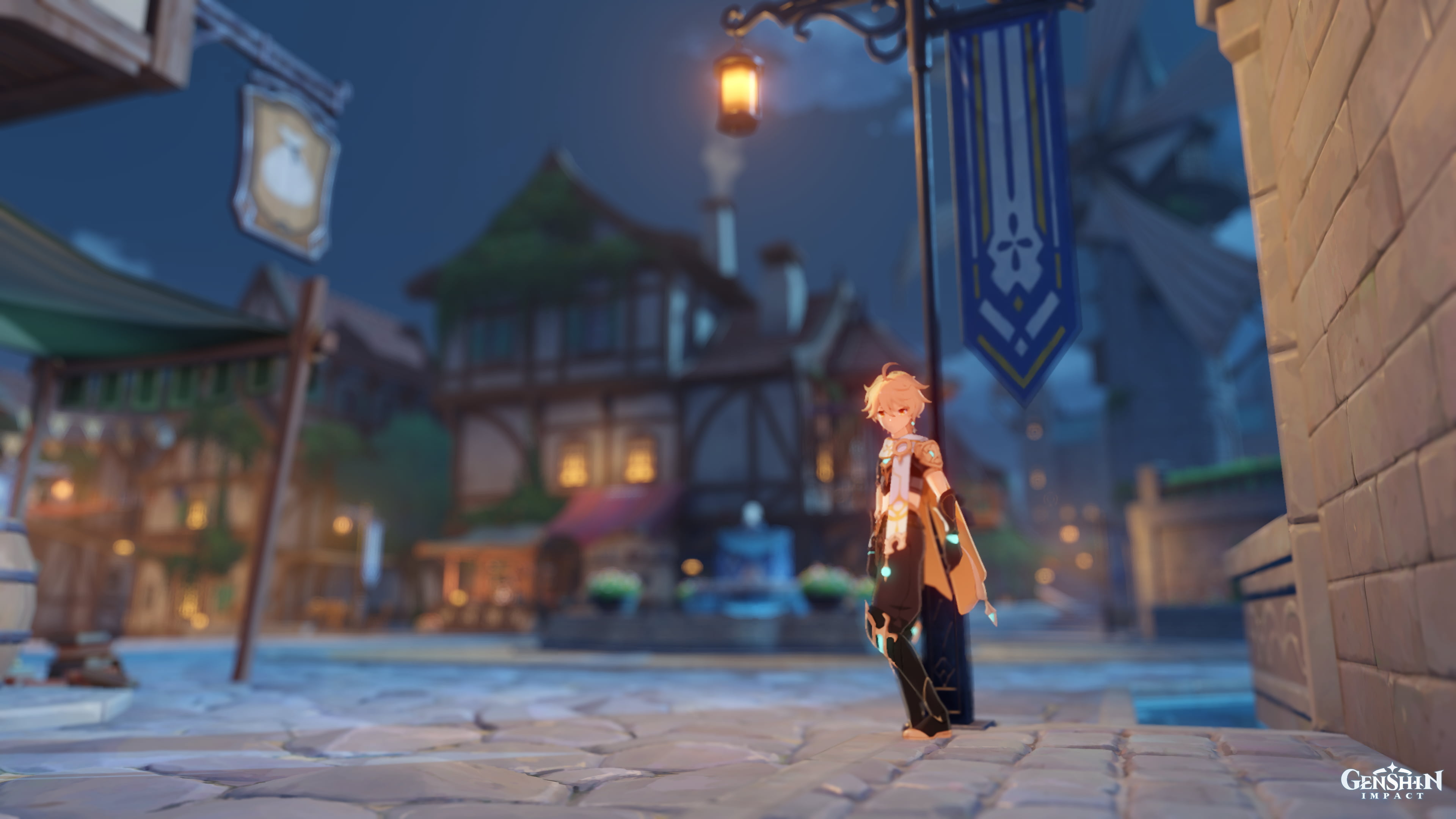 bokeh, Genshin Impact, water sparkel, shop, video games, dark, water, lights, Chara, fountain, village, street, house, night, sign, hero, city, 4K, HD Wallpaper