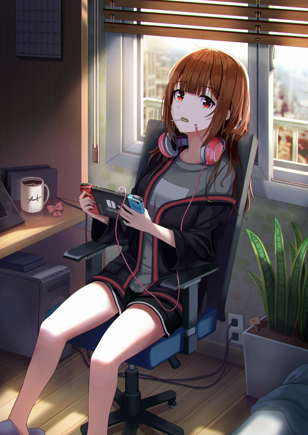 720P, anime girls, headphones, anime, Pallett. (Artist), Nintendo Switch, Phone HD Wallpaper