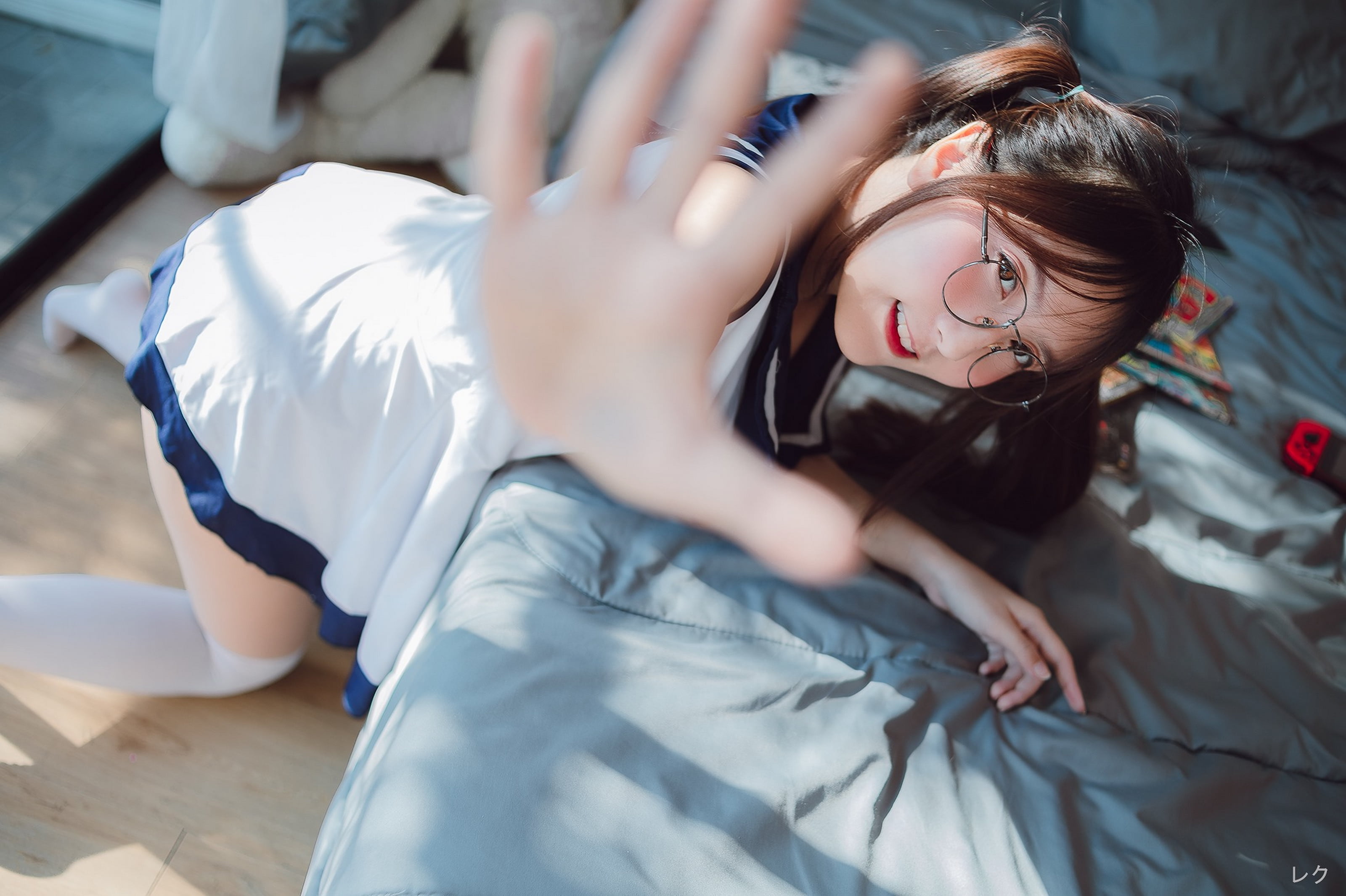 model, 2K, skirt, leaning, OTK socks, brunette, bed, red lipstick, Nintendo Switch, glasses, women, sailor uniform, kneeling, magazines, long hair, Asian, HD Wallpaper