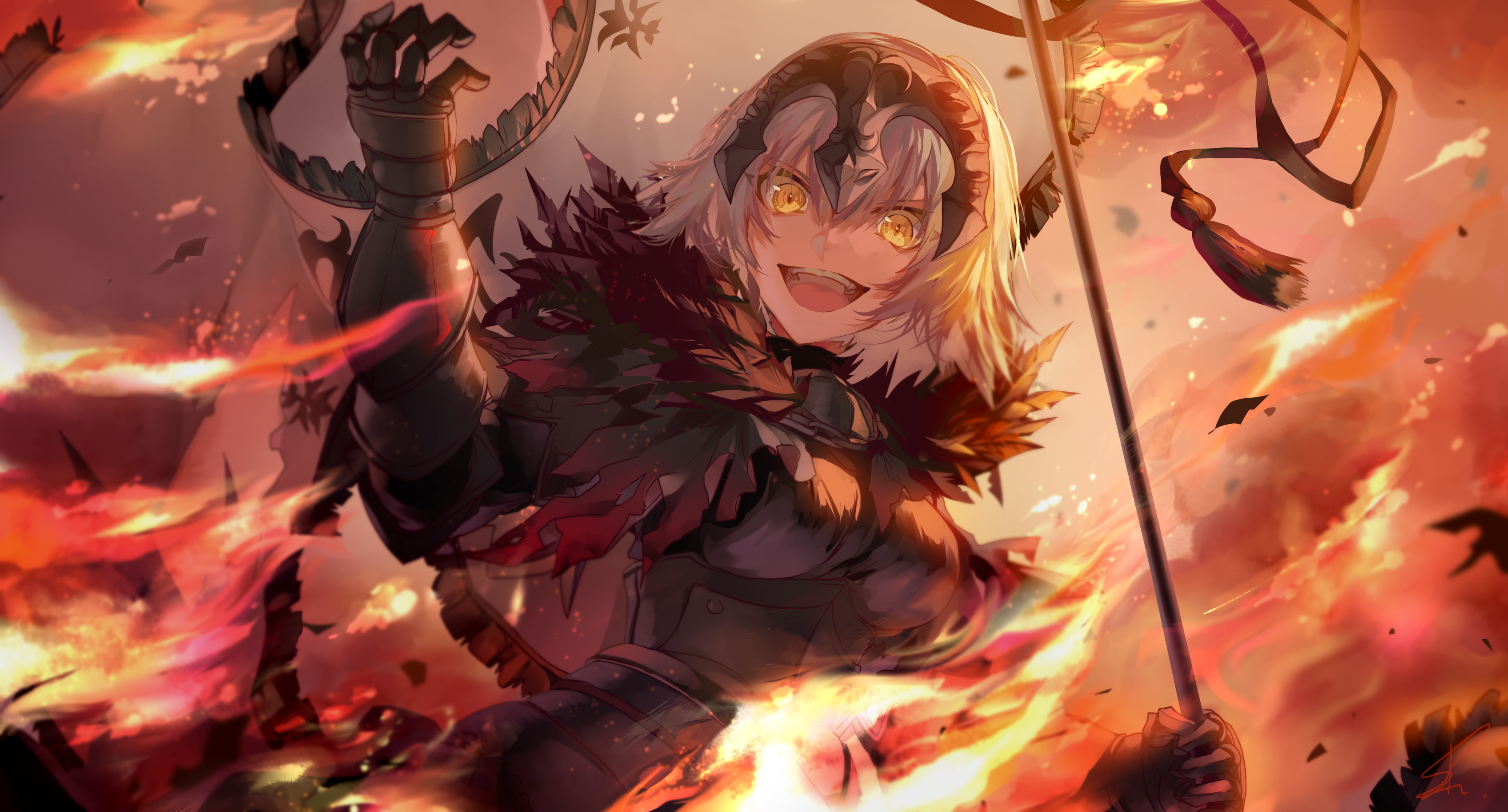 Banner, Avenger (Fate/Grand Order), 4K, Fire, Fate Series, Short Hair, White Hair, Fate/Grand Order, Yellow Eyes, Jeanne dArc Alter, Flag, HD Wallpaper