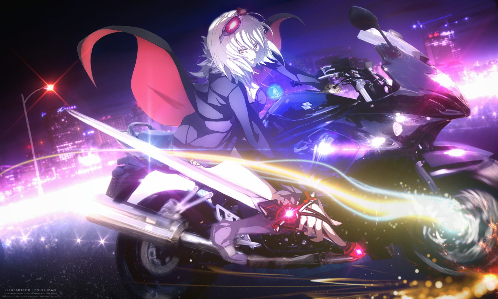 Fate (Series), Jeanne dArc Alter, Sword, City, Motorcycle, Girl, 1080P, Avenger (Fate/Grand Order), Jeanne dArc (Fate Series), Suzuki, Fate Series, Short Hair, HD Wallpaper