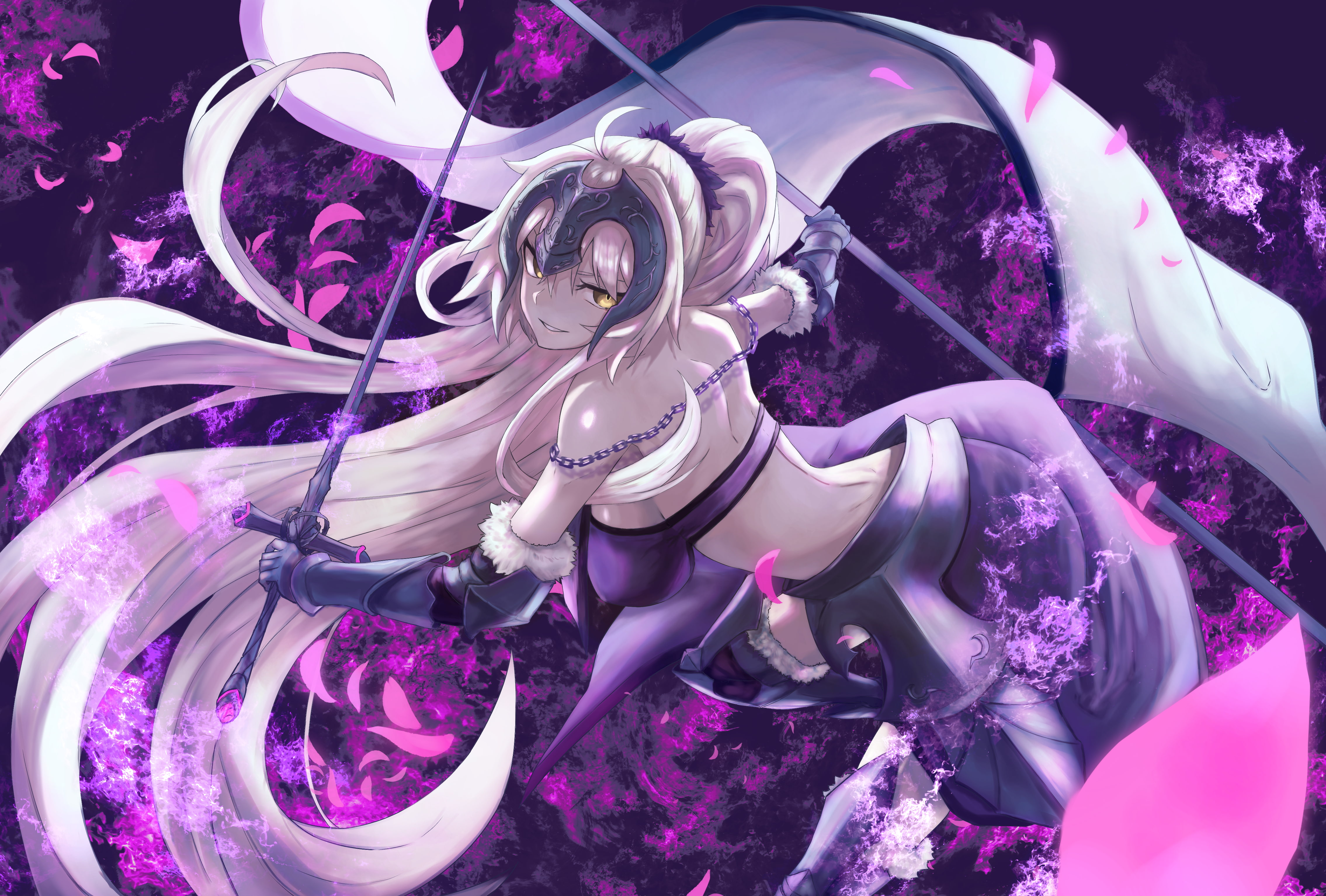 Avenger (Fate/Grand Order), Long Hair, 4K, Jeanne dArc Alter, Yellow Eyes, Fate/Grand Order, Fate (Series), Fate Series, Purple, Girl, Sword, White Hair, HD Wallpaper