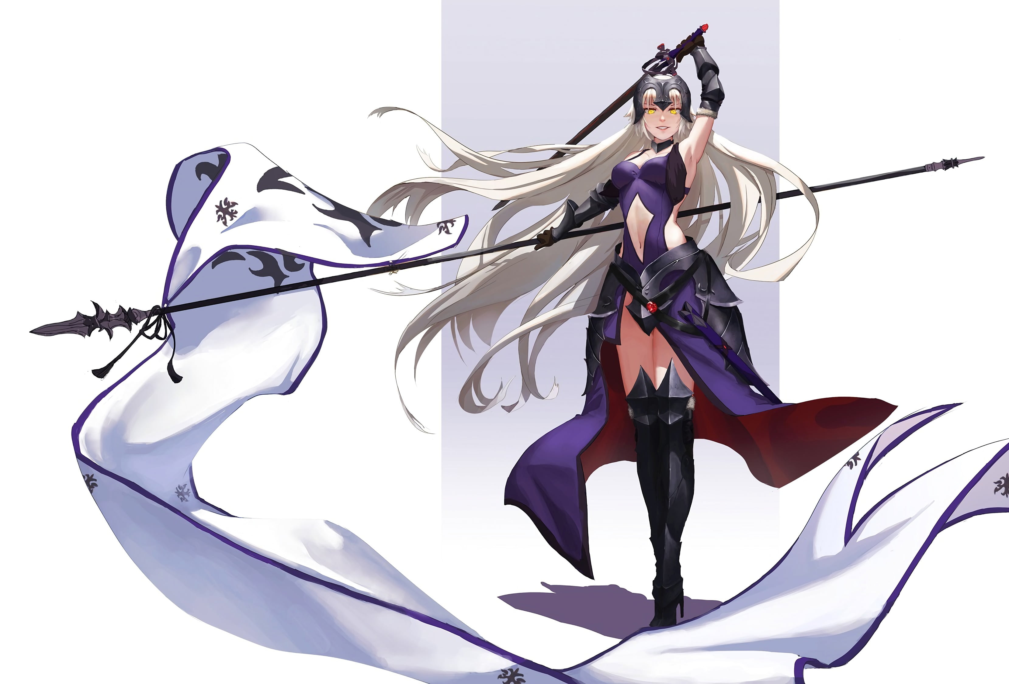 Jeanne dArc Alter, Long Hair, Fate/Grand Order, Yellow Eyes, Sword, Avenger (Fate/Grand Order), White Hair, Fate Series, Flag, 2K, HD Wallpaper