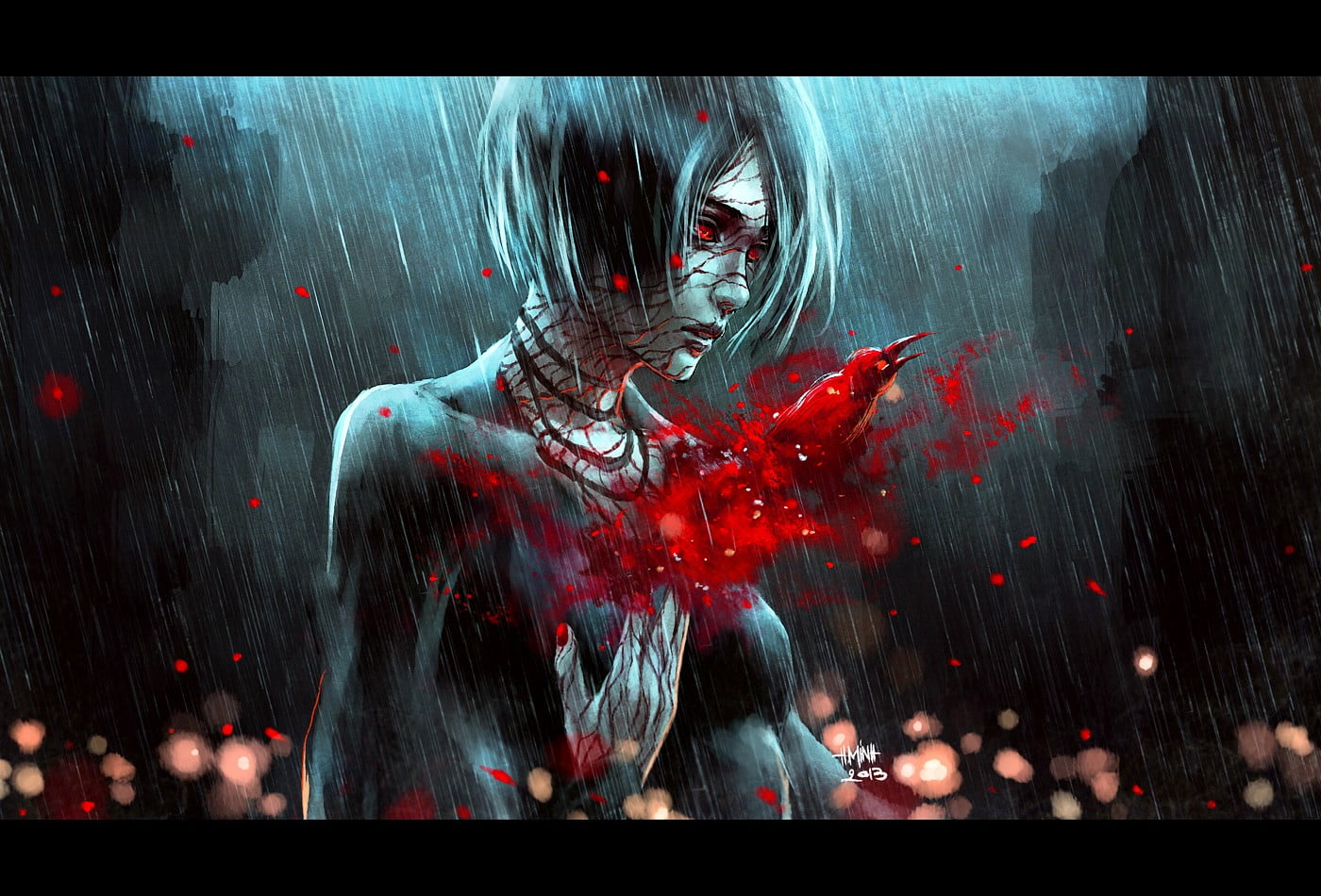 motion, fantasy girl, red eyes, animal, 720P, blood, fantasy art, NanFe , birds, animal wildlife, digital composite, outdoors, architecture, illuminated, HD Wallpaper