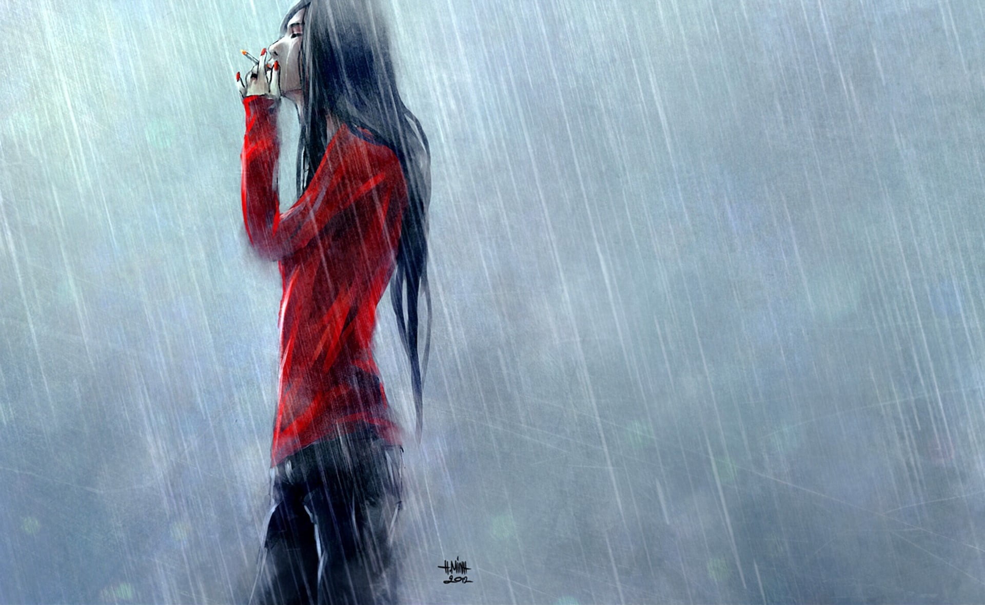 outdoors, red, 1080P, motion, long, water, hairstyle, shirt, one person, wet, woman, day, NanFe, wearing, nature, women, smoking, hair, casual clothing, HD Wallpaper