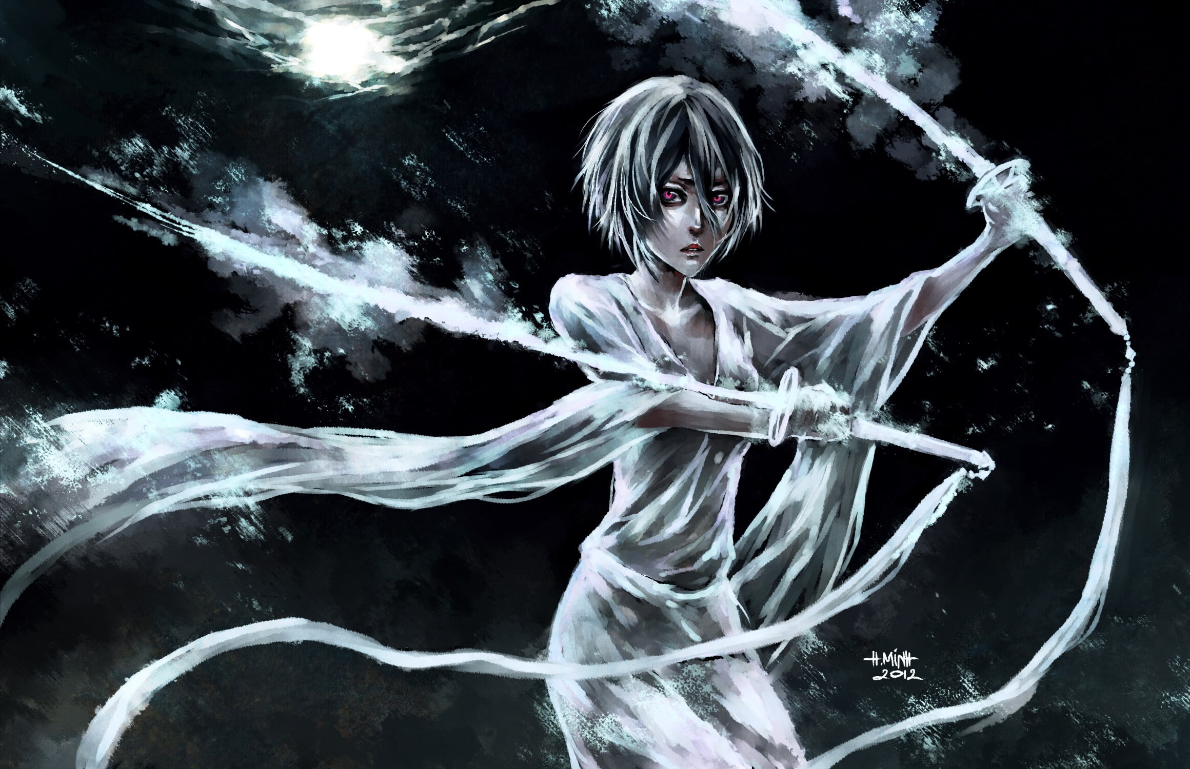 red eyes, looking at camera, nature, front view, portrait, fashion, Bleach, 1080P, anime girls, black background, digital composite, water, young adult, HD Wallpaper