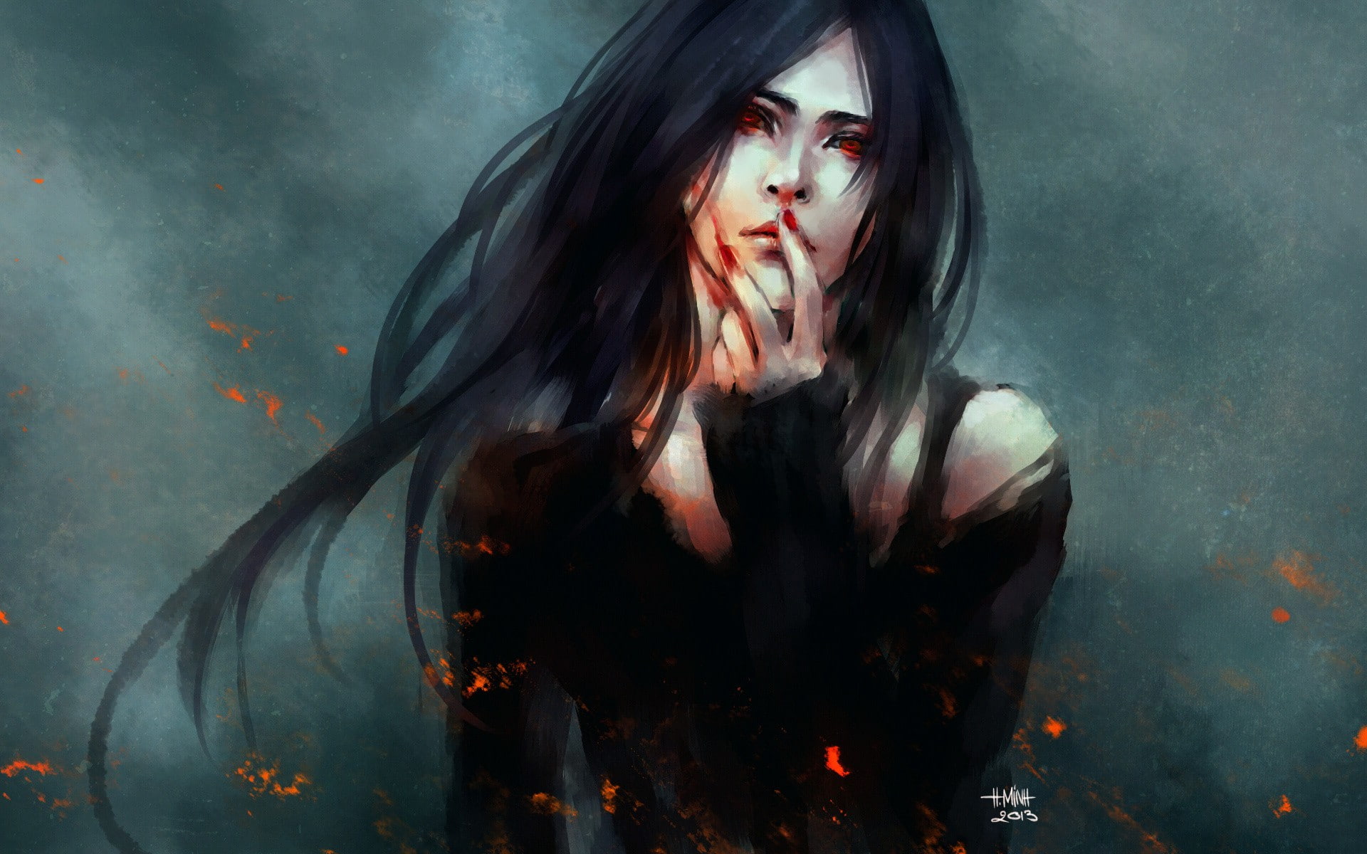 red eyes, 1080P, long hair, artwork, NanFe, HD Wallpaper