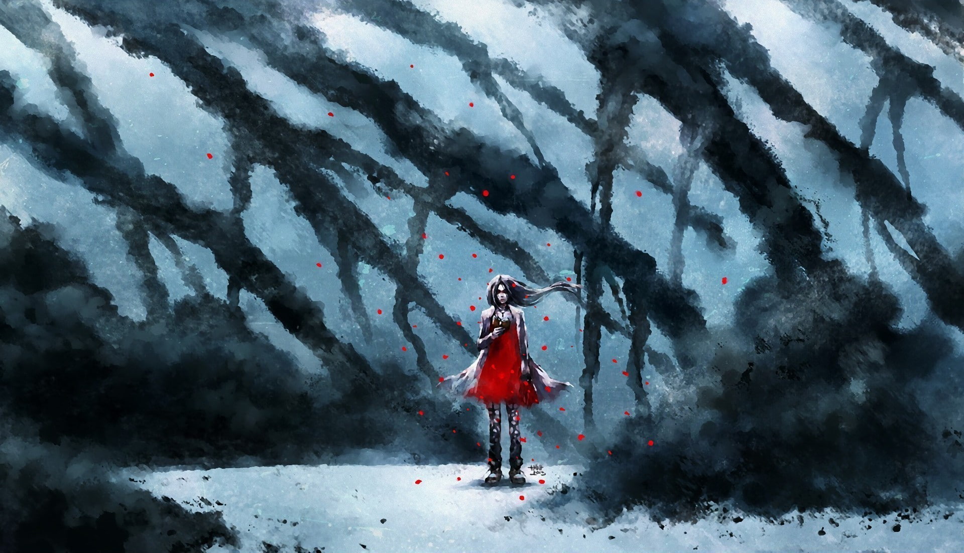 artwork, smoke, red dress, NanFe, 1080P, fantasy art, HD Wallpaper