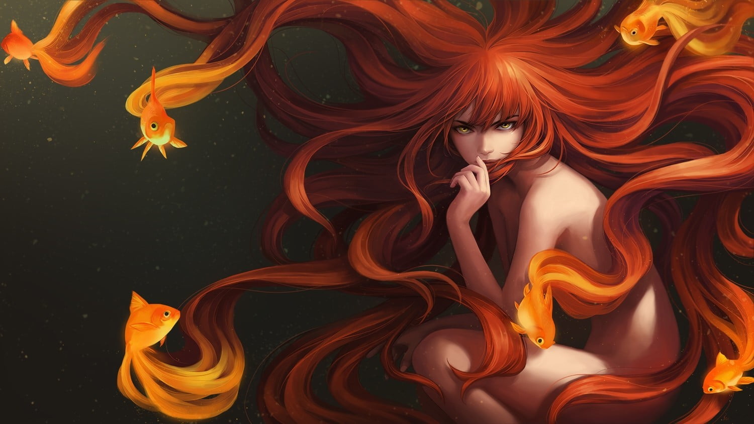 drawing, fantasy, redhead, females, goldfish, vector, computer Graphic, curve, studio shot, black Color, young adult, close-up, beautiful, black background, HD Wallpaper