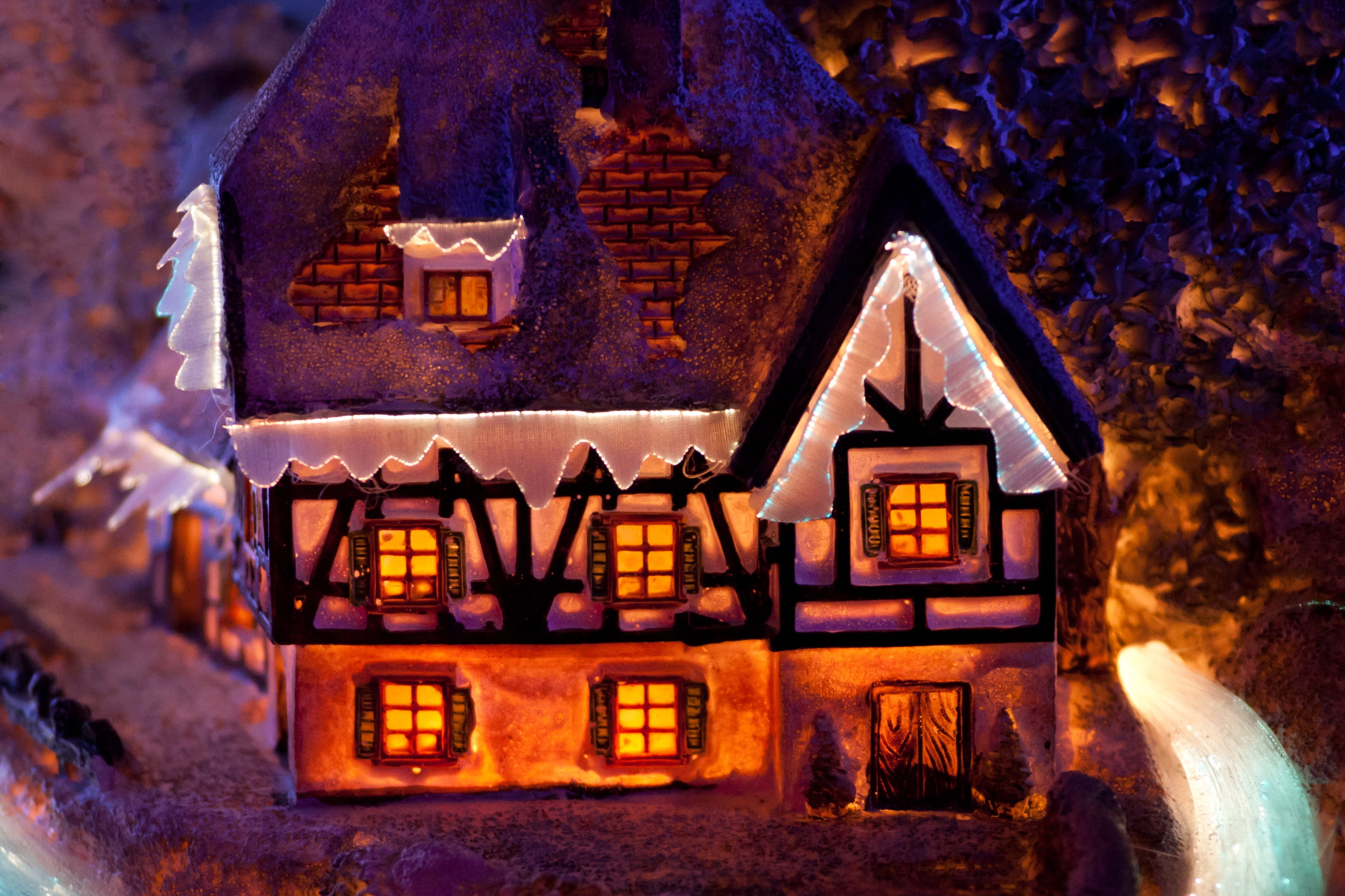 season, Dark, window, flame, xmas, heat - temperature, holiday, ceramic, dusk, 2K, burning, travel destinations, exterior, wood - material, white, evening, HD Wallpaper