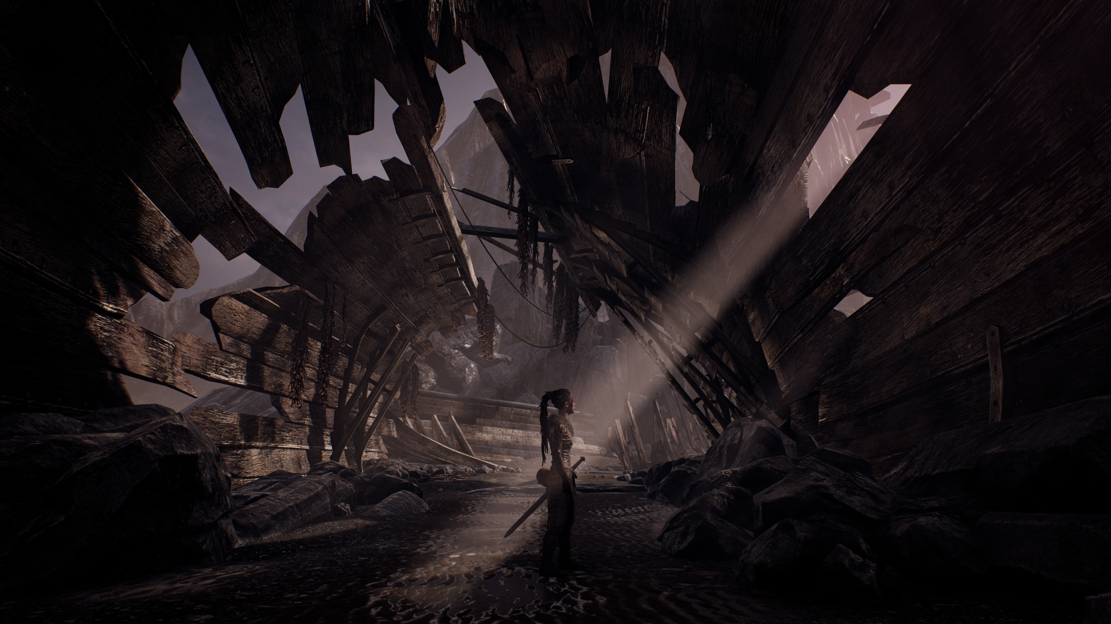 4K, Senua, Hellblade: Senuas Sacrifice, wet, Sun, lights, Vikings, sword, water, horizon, sunlight, sea foam, ruins, shipwreck, dress, Hellblade, wood, HD Wallpaper