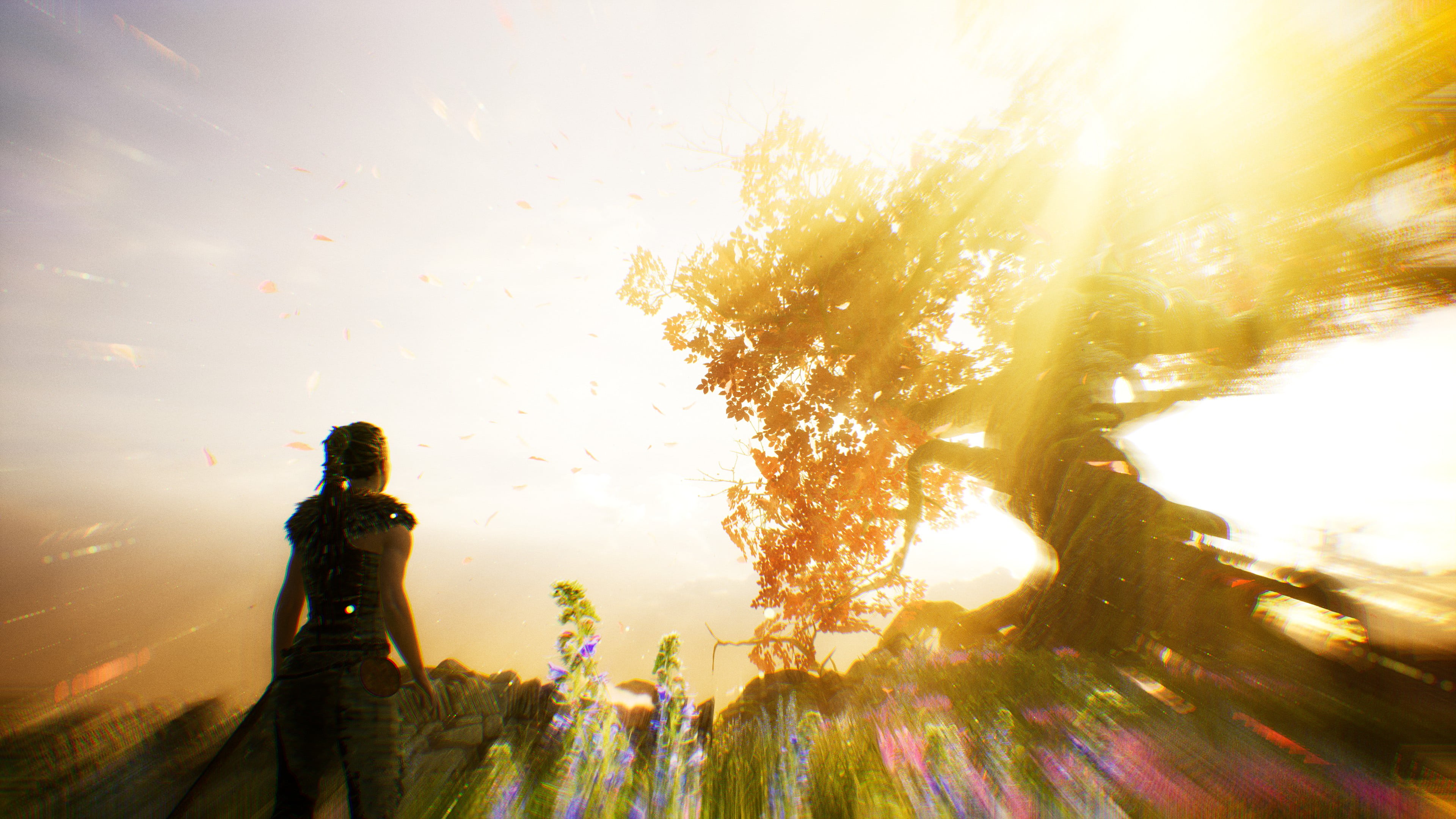 Sun, blue, 4K, norse, pink, blooming, Norse mythology, Senua, love, sky, happiness, flowers, clouds, horizon, dress, Vikings, ancient, Hellblade, sunlight, HD Wallpaper