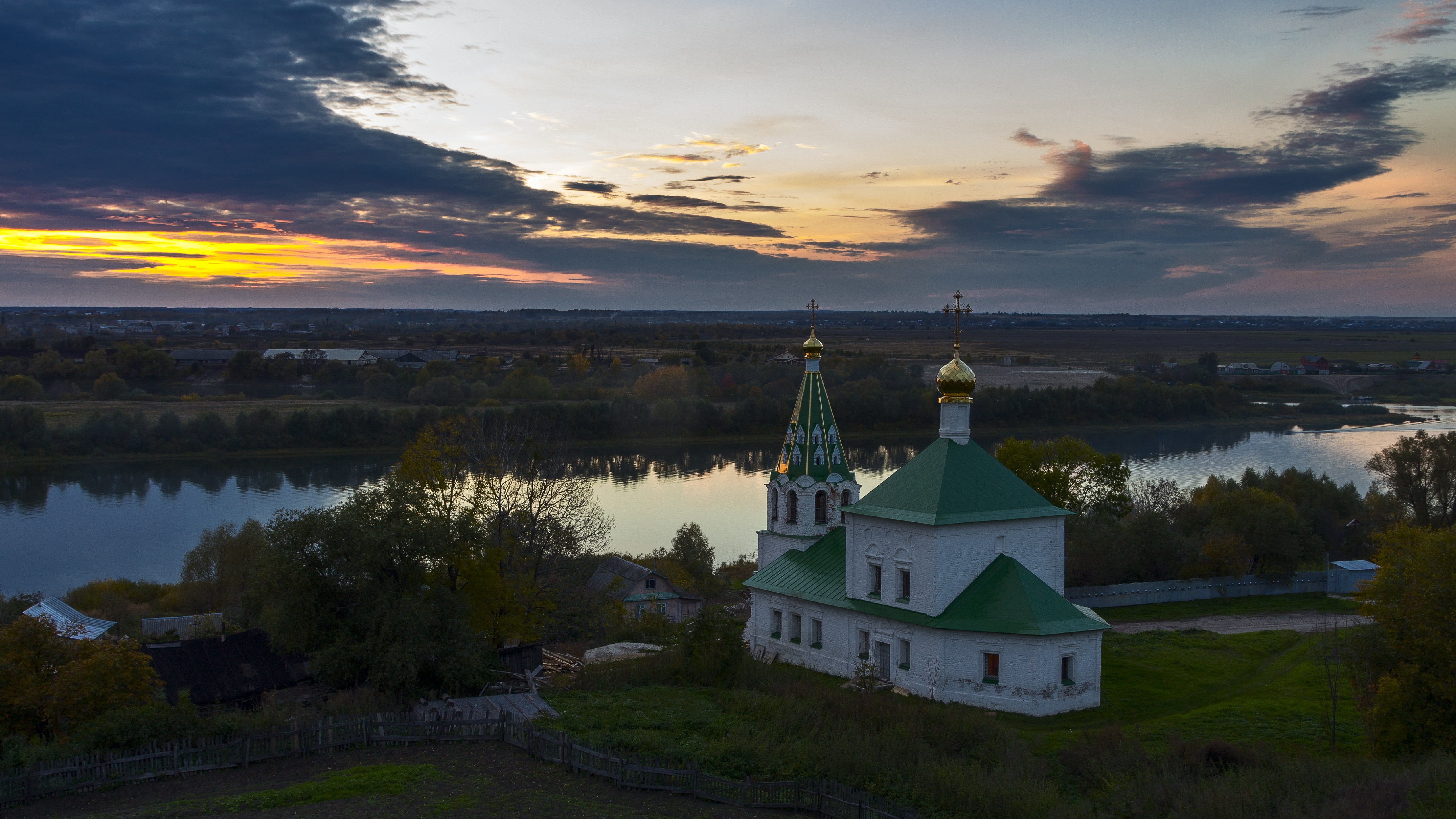 spire, church, water, building exterior, landscape, evening, spassk ryazansky, built structure, shatrishche, ryazan, dusk, religion, no people, spirituality, HD Wallpaper