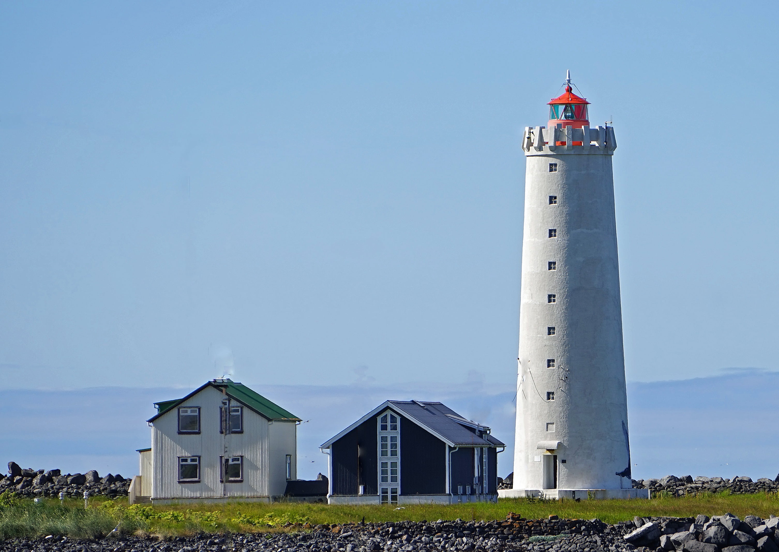 iceland, tower, building exterior, lighthouse, built structure, copy space, blue, building, sky, beach, outdoors, security, land, no people, sea, guidance, HD Wallpaper