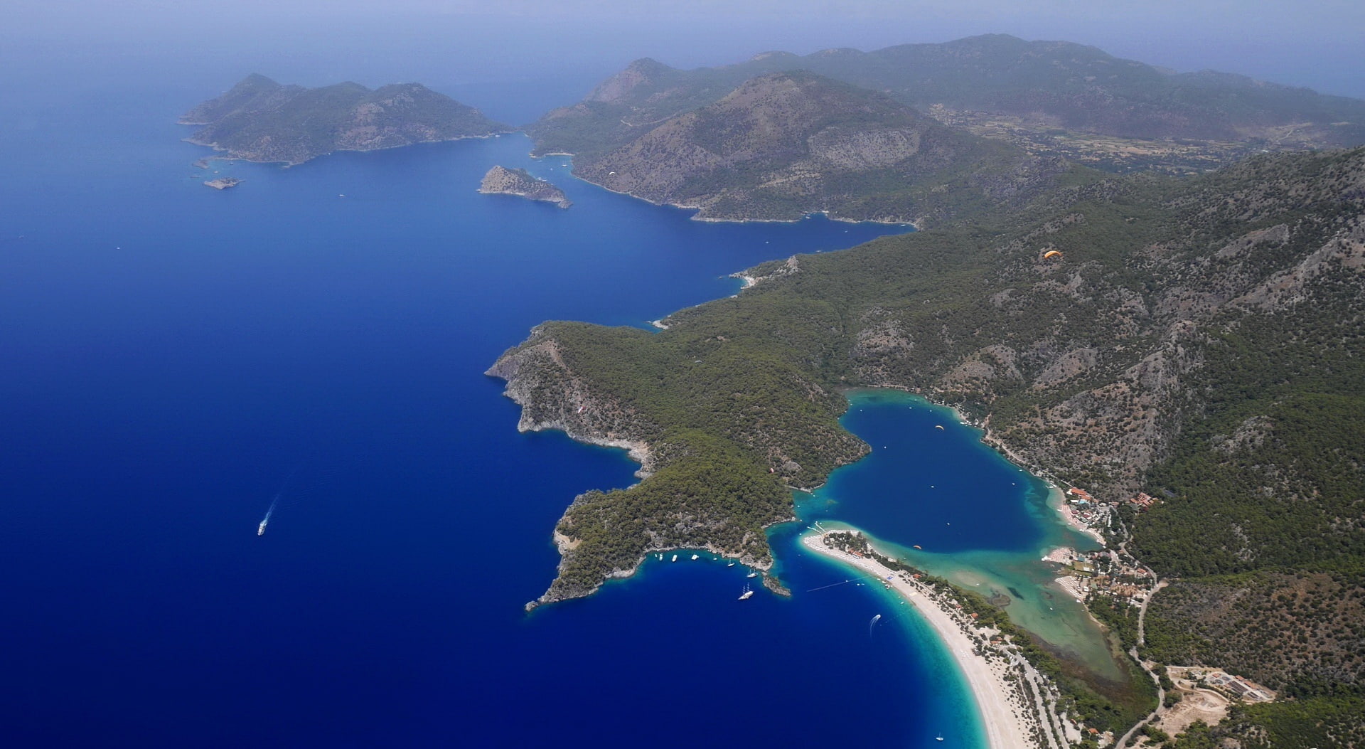 Summer, outdoors, water, blue, mountain range, island, aerial view, nature, Vacation, beach blue lagoon, non-urban scene, beach, tranquil scene, Beautiful, HD Wallpaper